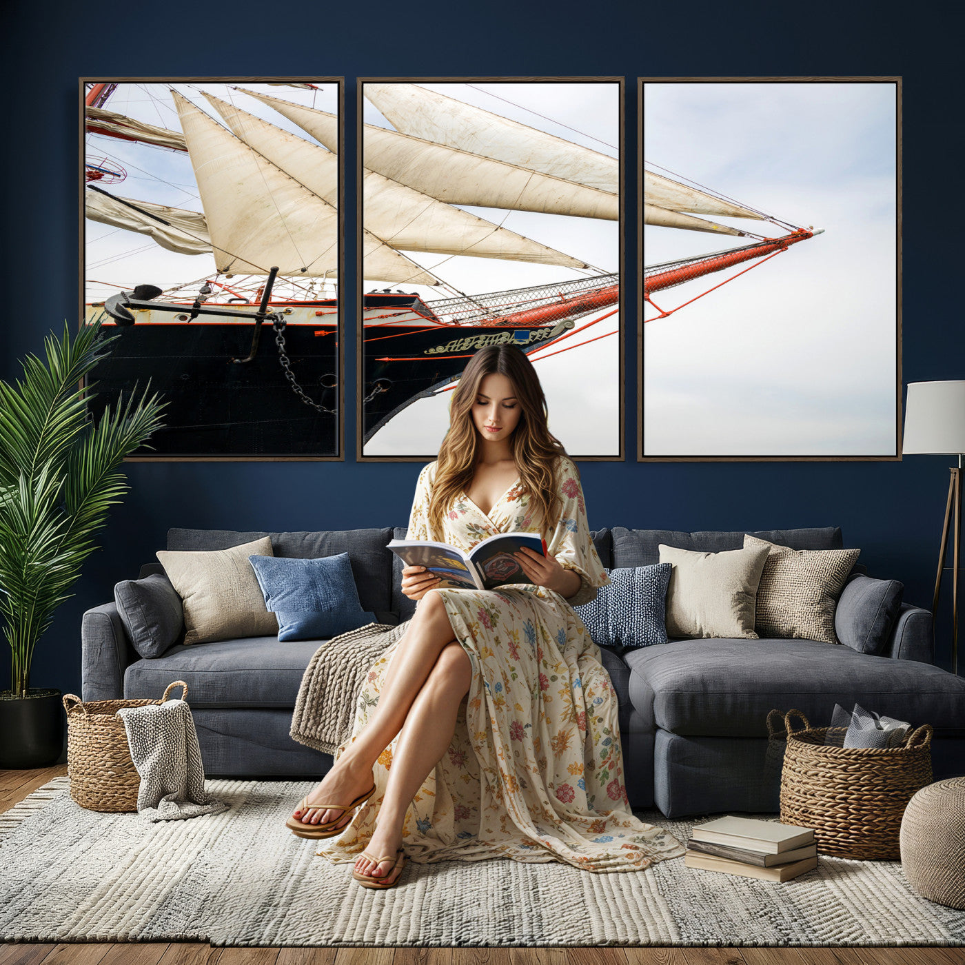 64830036-MGV-CV-36X24 - Sailboat Wall Art Canvas Print, Vintage Ship Bow Framed Artwork, Nautical Sailing Decor for Living Room Office Beach House