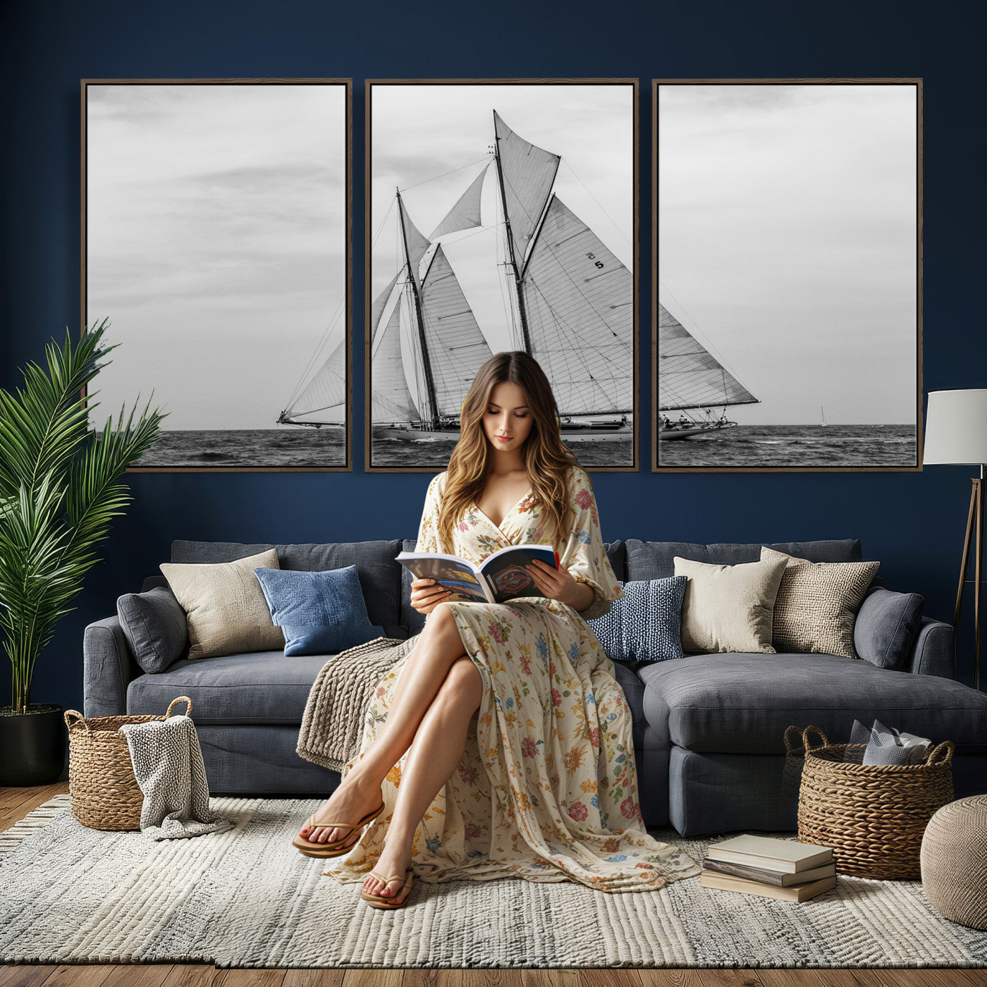 52882918-MGV-CV-36X24 - Vintage Sailboat Wall Art Canvas Print, Black and White Schooner Framed Artwork, Nautical Ocean Sailing Decor for Living Room Office Beach House