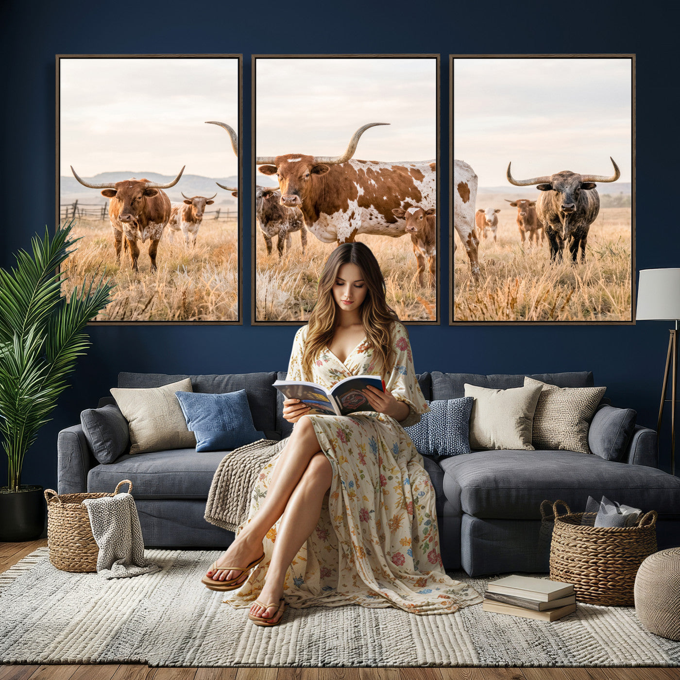 62336425AC-MGV-CV-36X24 - Texas Longhorn Canvas Wall Art, Rustic Farm Animal Photography Print, Farmhouse Country Decor, Western Ranch Art
