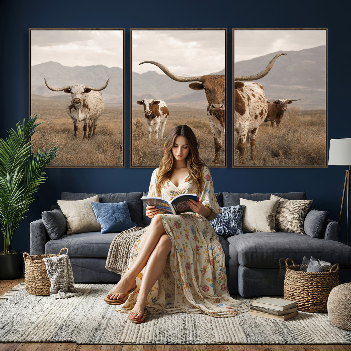 62336425AD-MGV-CV-36X24 - Rustic Texas Longhorn Cow Canvas Wall Art Print, Rustic Farm Animal Photography Print, Farmhouse Country Decor, Western Ranch Art