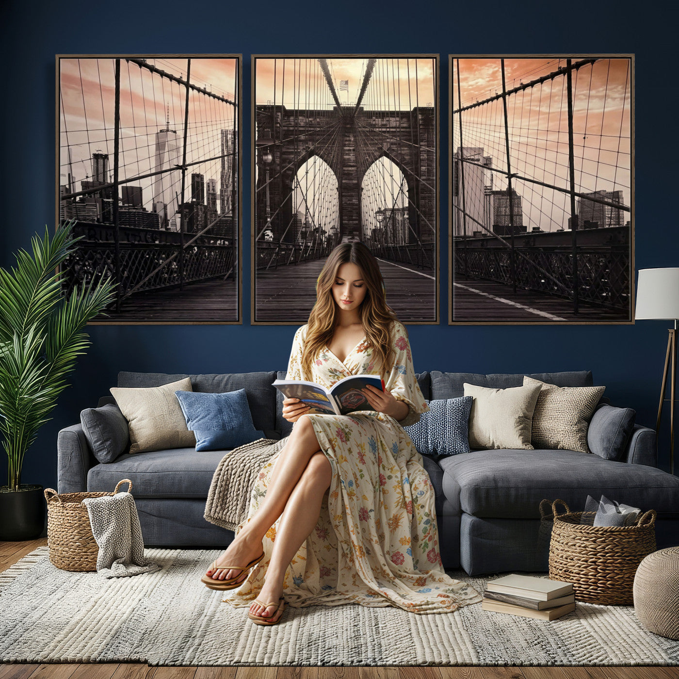 93226664-MGV-CV-36X24 - Brooklyn Bridge Canvas Wall Art, New York City Skyline Photography Print, NYC Landmark Urban Decor Artwork