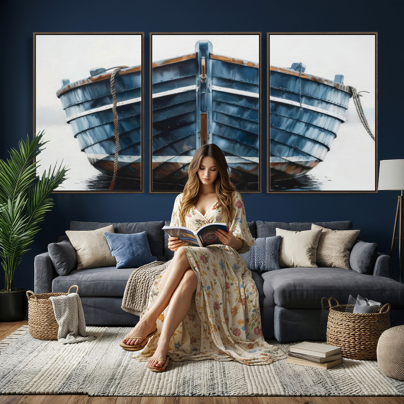 21601740-MGV-CV-36X24 - Blue Wooden Rowboat Canvas Wall Art, Coastal Nautical Boat Painting Print for Lake Beach House Decor, Minimalist Maritime Decor Artwork