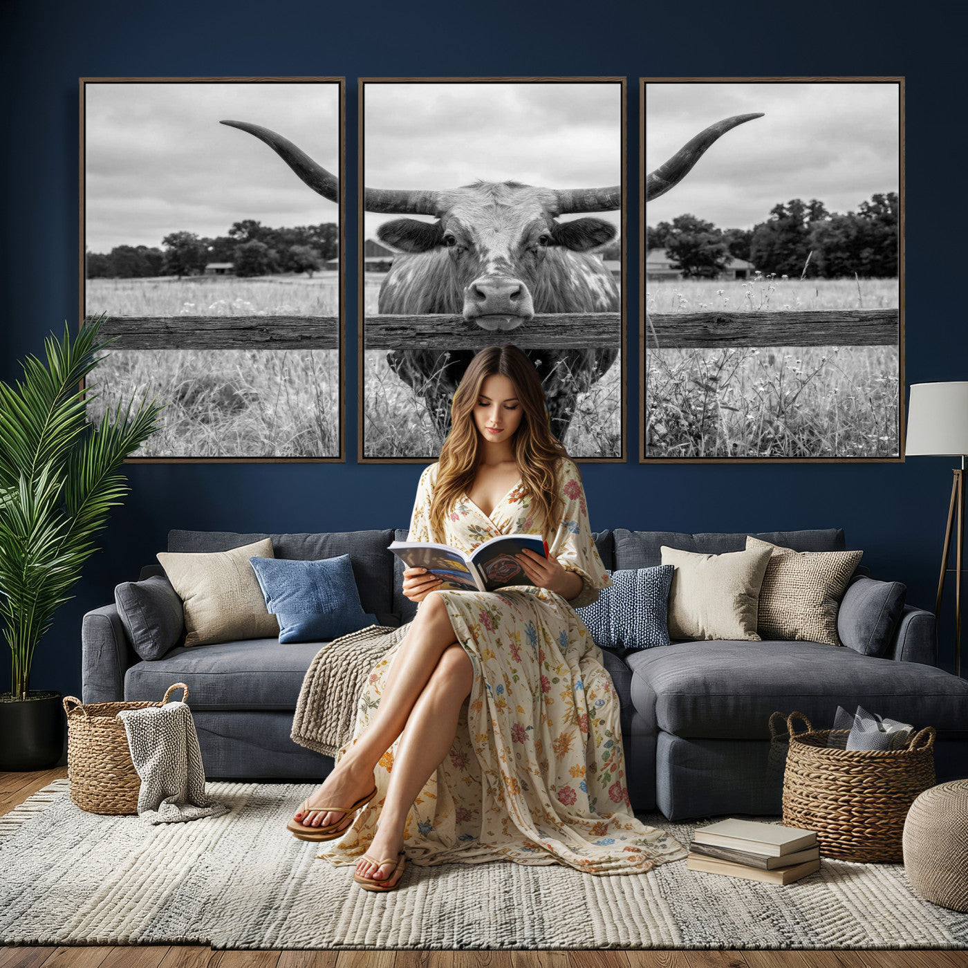 59378683-MGV-CV-60X30-3P - Black White Texas Longhorn Bull Canvas Wall Art, Western Ranch Cattle Photography Print, Rustic Farmhouse Cowboy Decor Artwork
