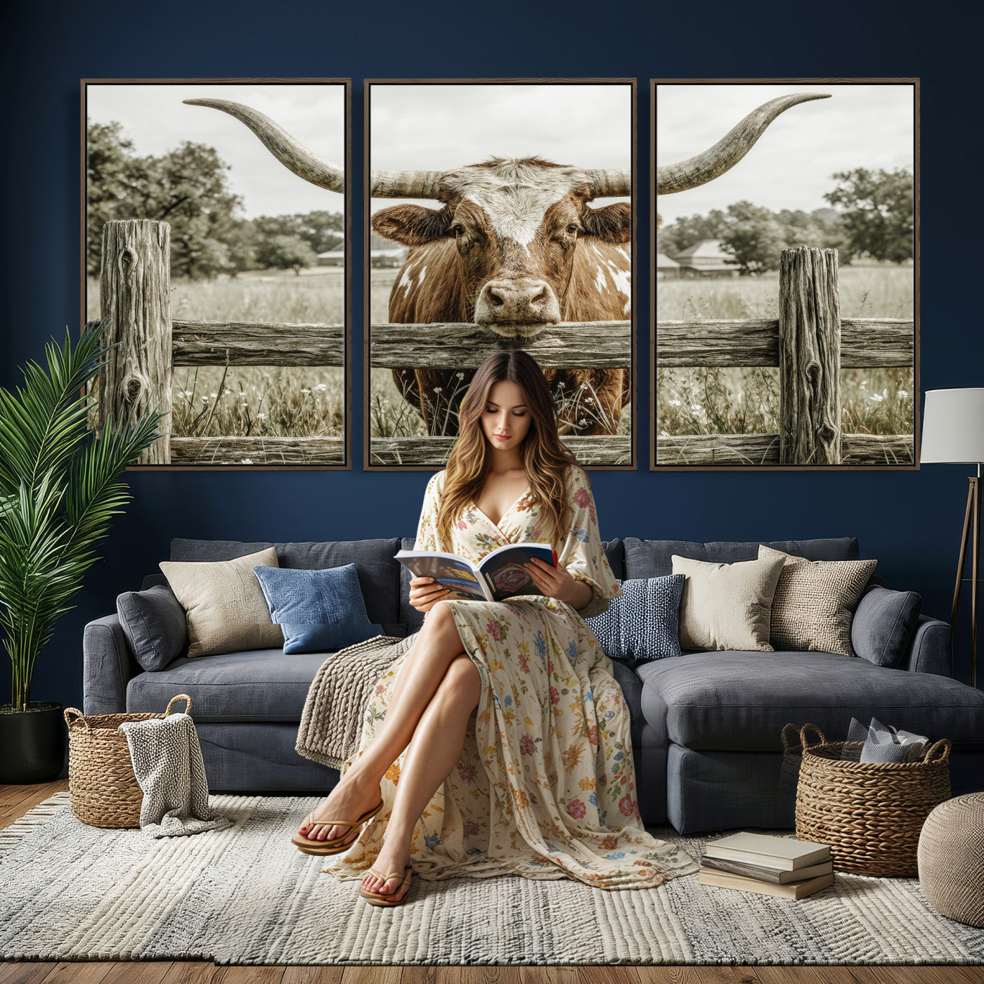59378683M-MGV-CV-60X30-3P - Large Farmhouse Texas Longhorn Bull Canvas Wall Art, Western Ranch Cattle Photography Print, Rustic Barn Cowboy Decor Artwork