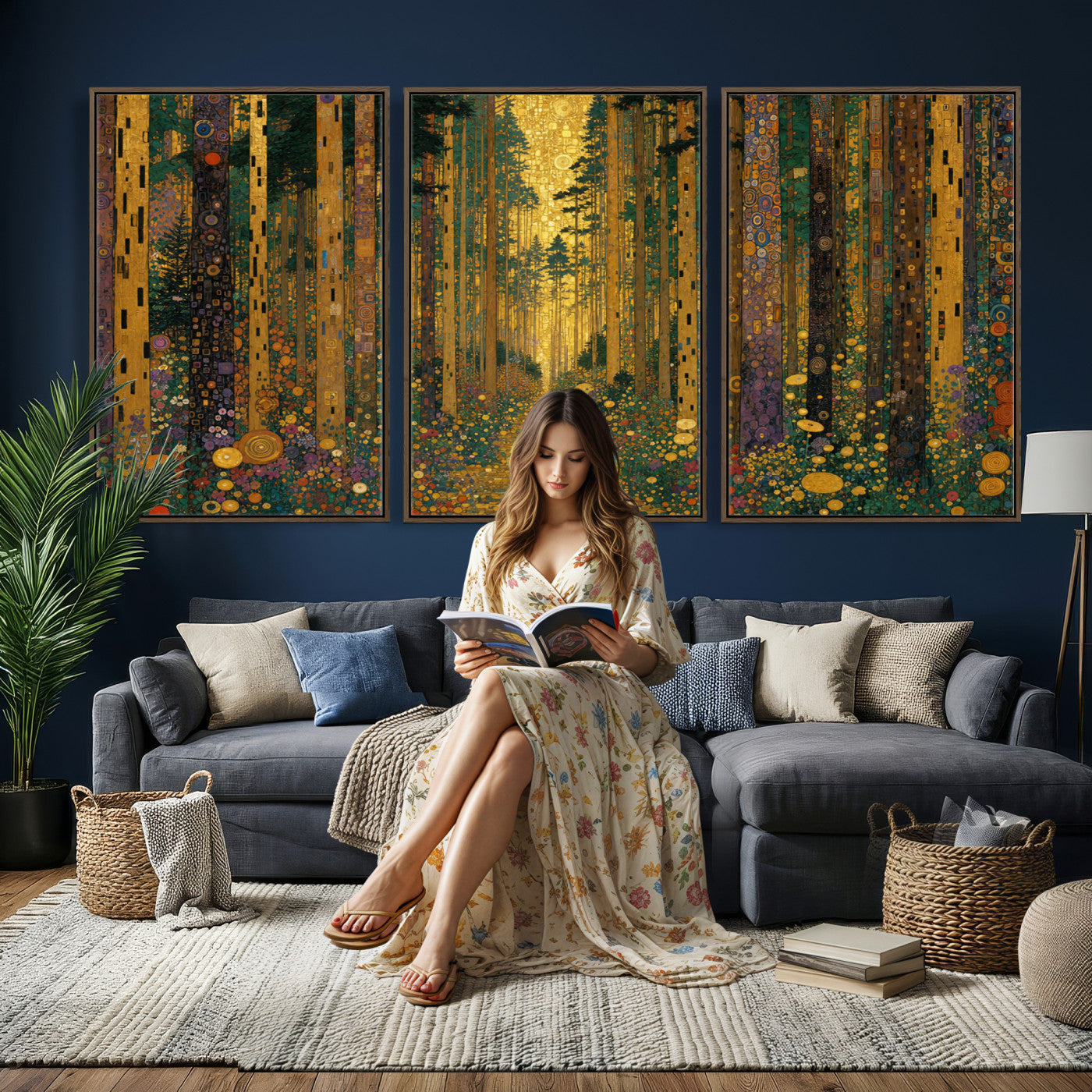 79483321G-MGV-CV-48X32-3P - Gustav Klimt Style Forest Canvas Wall Art, Golden Forest Path Floral Art Nouveau Print, Enchanted Woodland Decor