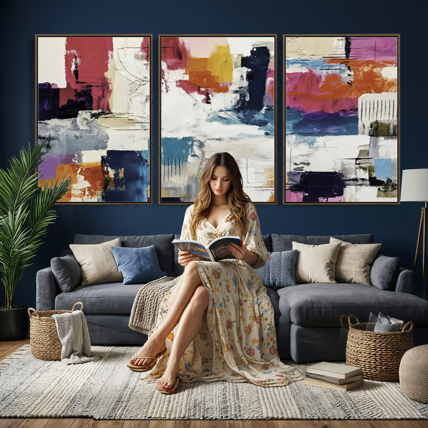 57864023-MGV-CV-36X24 - Blue Teal Abstract Canvas Wall Art, Modern Textured Painting Print, Navy Orange White Contemporary Art, Neutral Living Room Decor, Office Art