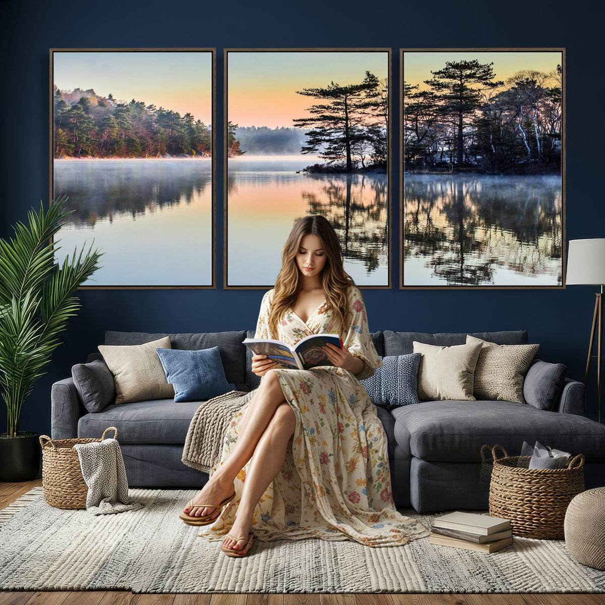 34236027-MGV-CV-36X24 - Before People Wake Canvas Wall Art Print, Misty Lake Sunrise Landscape, Forest Reflection Nature Decor, Ready to Hang