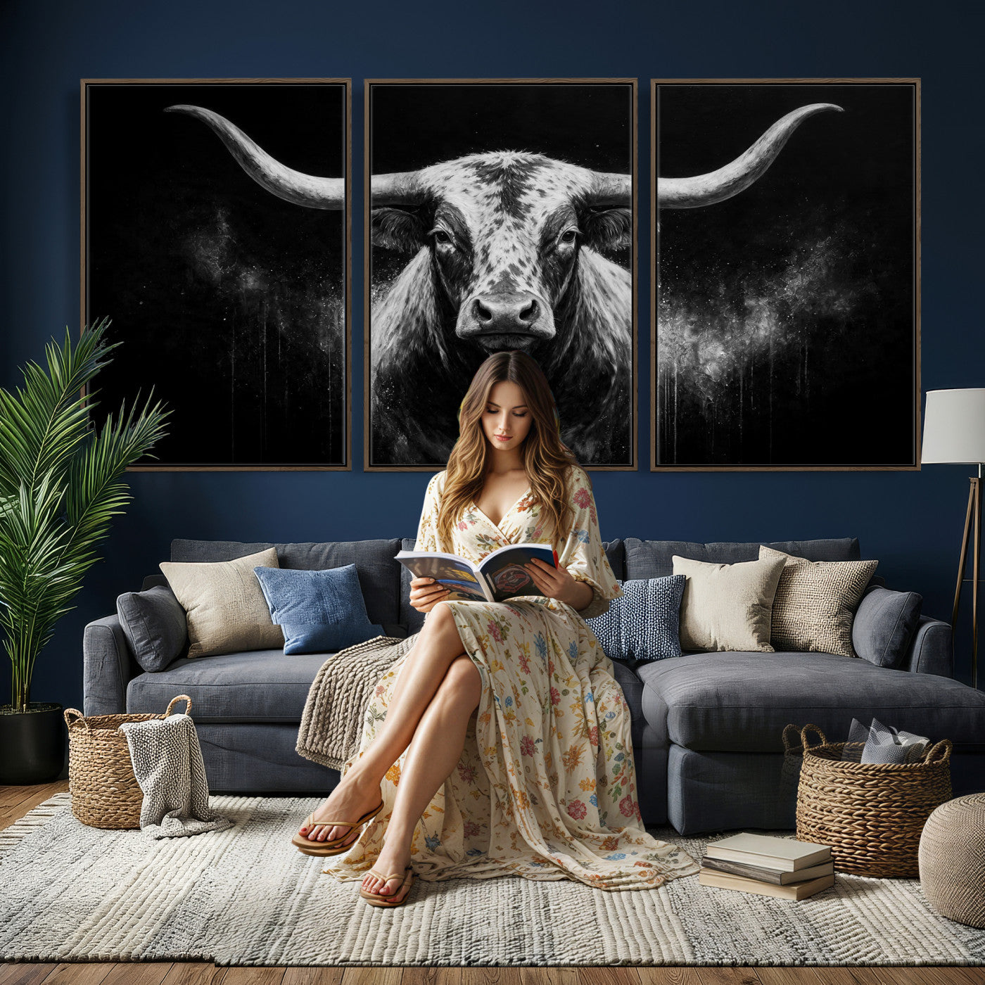 29671077-MGV-CV-60X30-3P - Texas Bull Cow Longhorn Canvas Wall Art Moody Western Bull Oil Painting Print