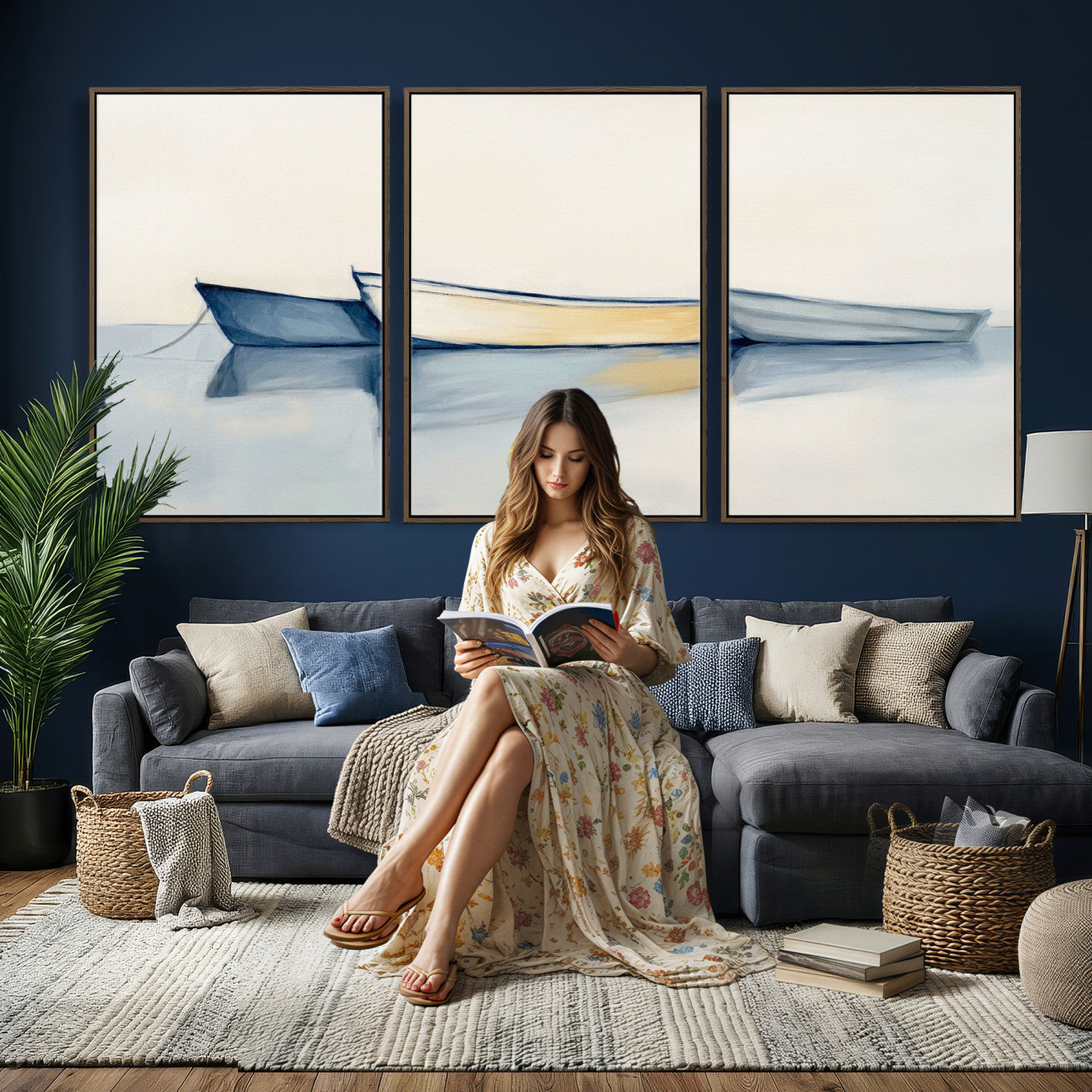 84017361-MGV-CV-36X24 - Abstract Three Boats Reflecting on Water Wall Art Canvas Print - Minimalist Coastal Seascape