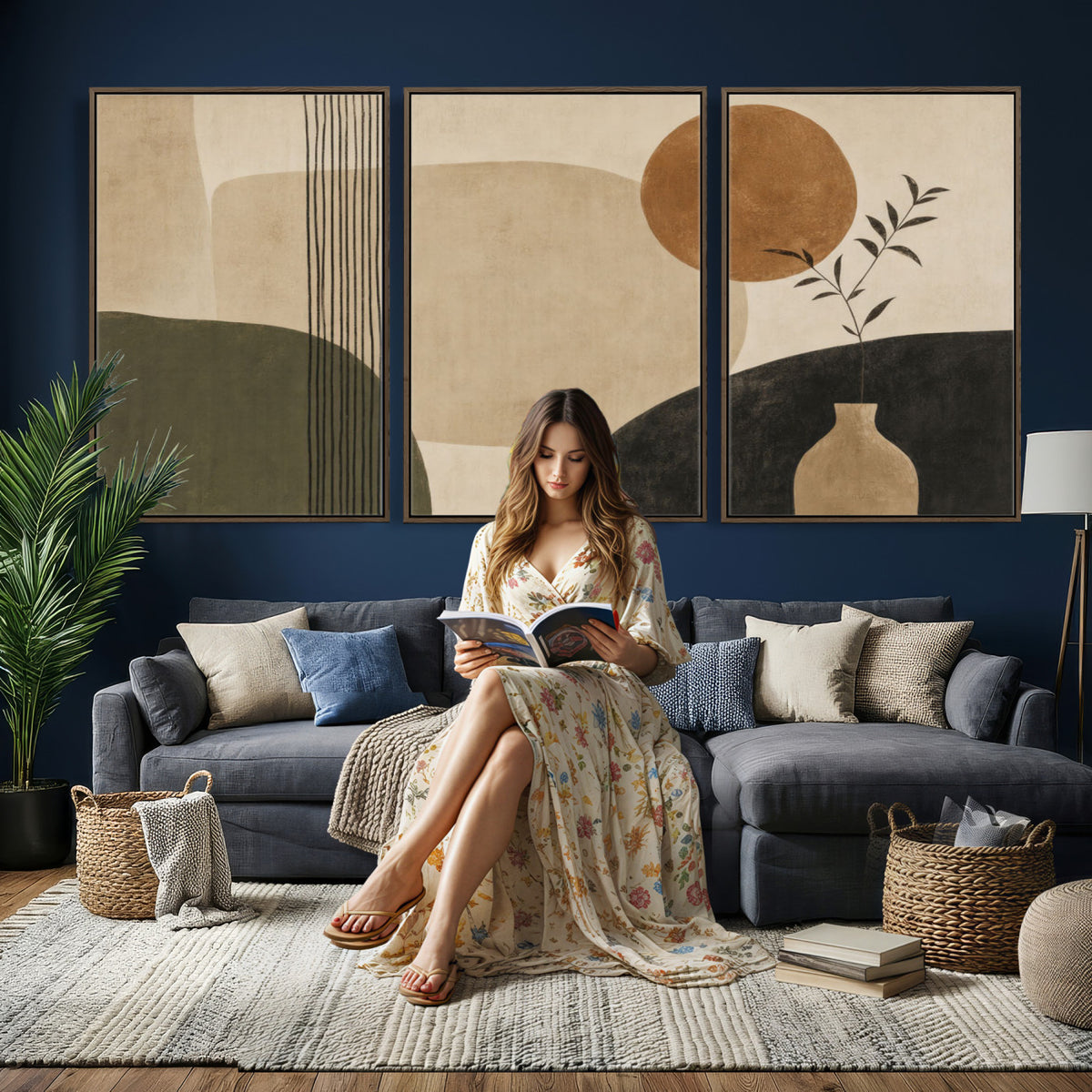 85289499-MGV-CV-60X30-3P - Boho Abstract Sun Canvas Wall Art, Minimalist Sage Green Botanical Print
