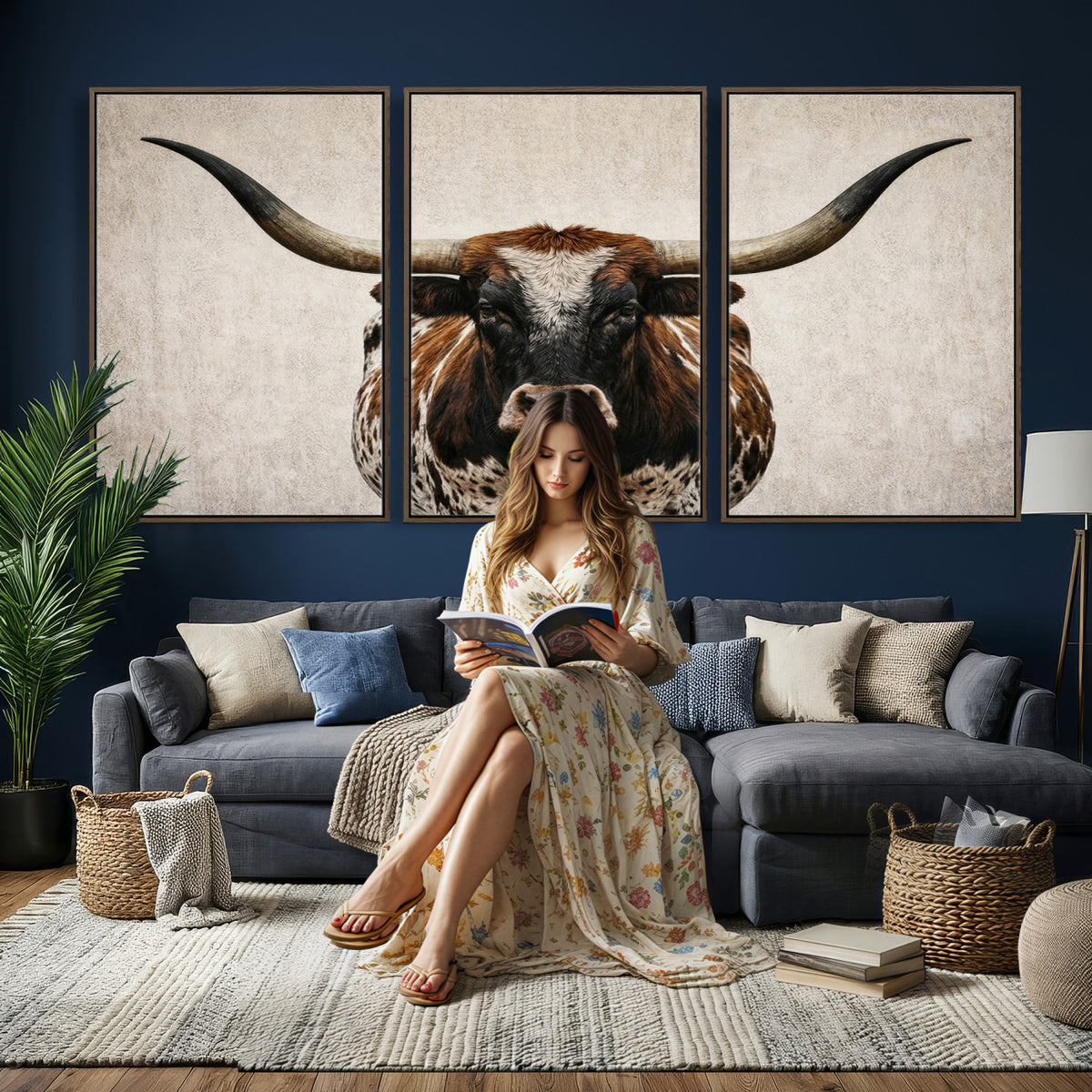 58622065-MGV-CV-36X24 - Texas Longhorn Canvas Wall Art Western Bull Desert Moody Grey Overcast Rustic Farmhouse Framed Large for Living Room Bedroom Office Decor