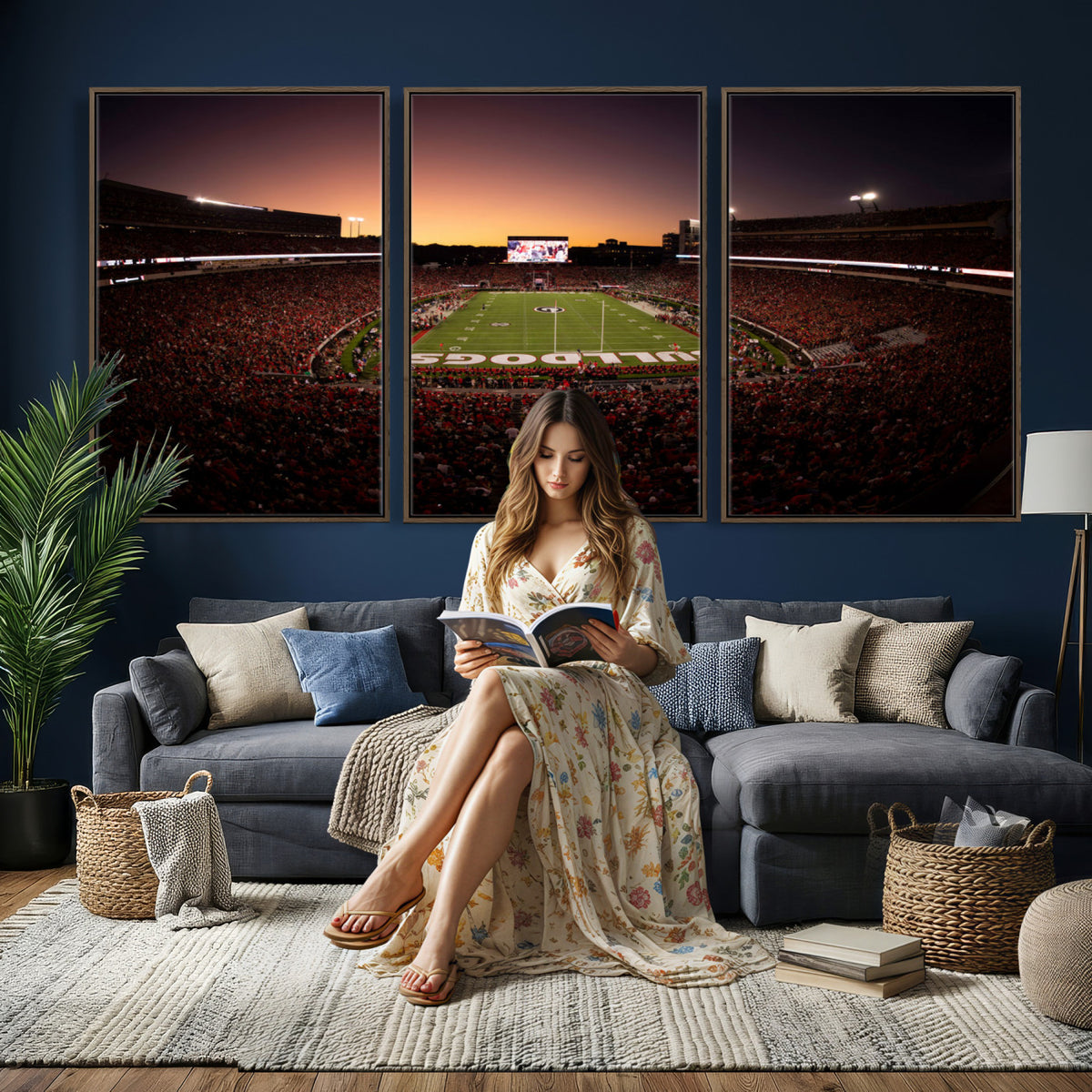 97720998-_Poster-30x20 - Georgia Bulldogs Stadium Sunset Canvas Print 3 Piece Framed Wall Art Extra Large Floating Frame Sports Poster Made in USA