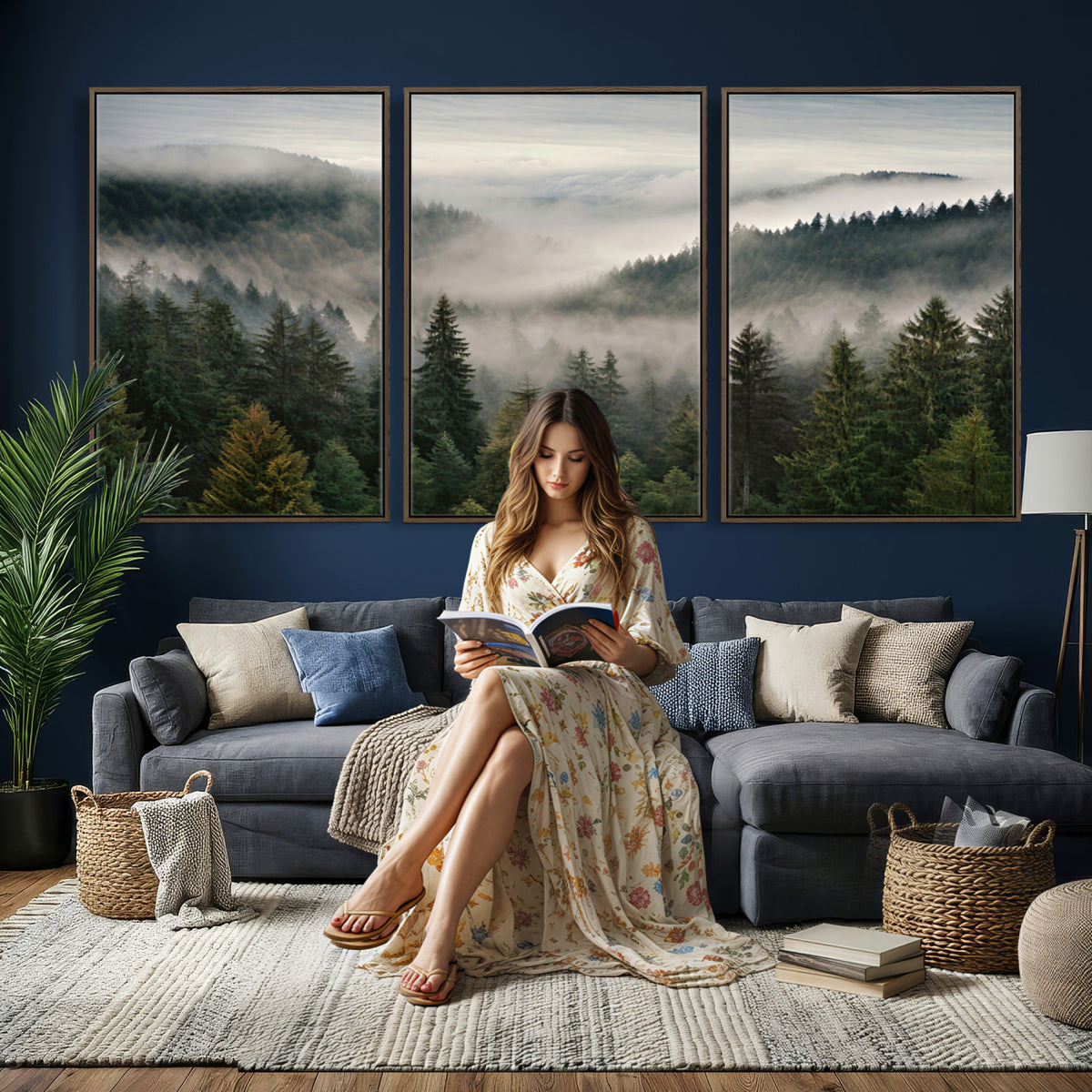 38409495-_Poster-30x20 - Misty Pine Valley Mountain Canvas Print 3 Piece Framed Wall Art Extra Large Floating Frame Nature Poster Made in USA