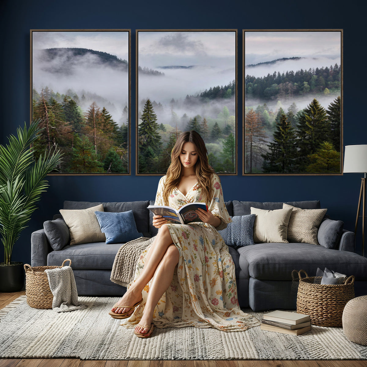 18735847-_Poster-30x20 - Foggy Pine Forest Mountain Canvas Print 3 Piece Framed Wall Art Extra Large Floating Frame Nature Poster Made in USA