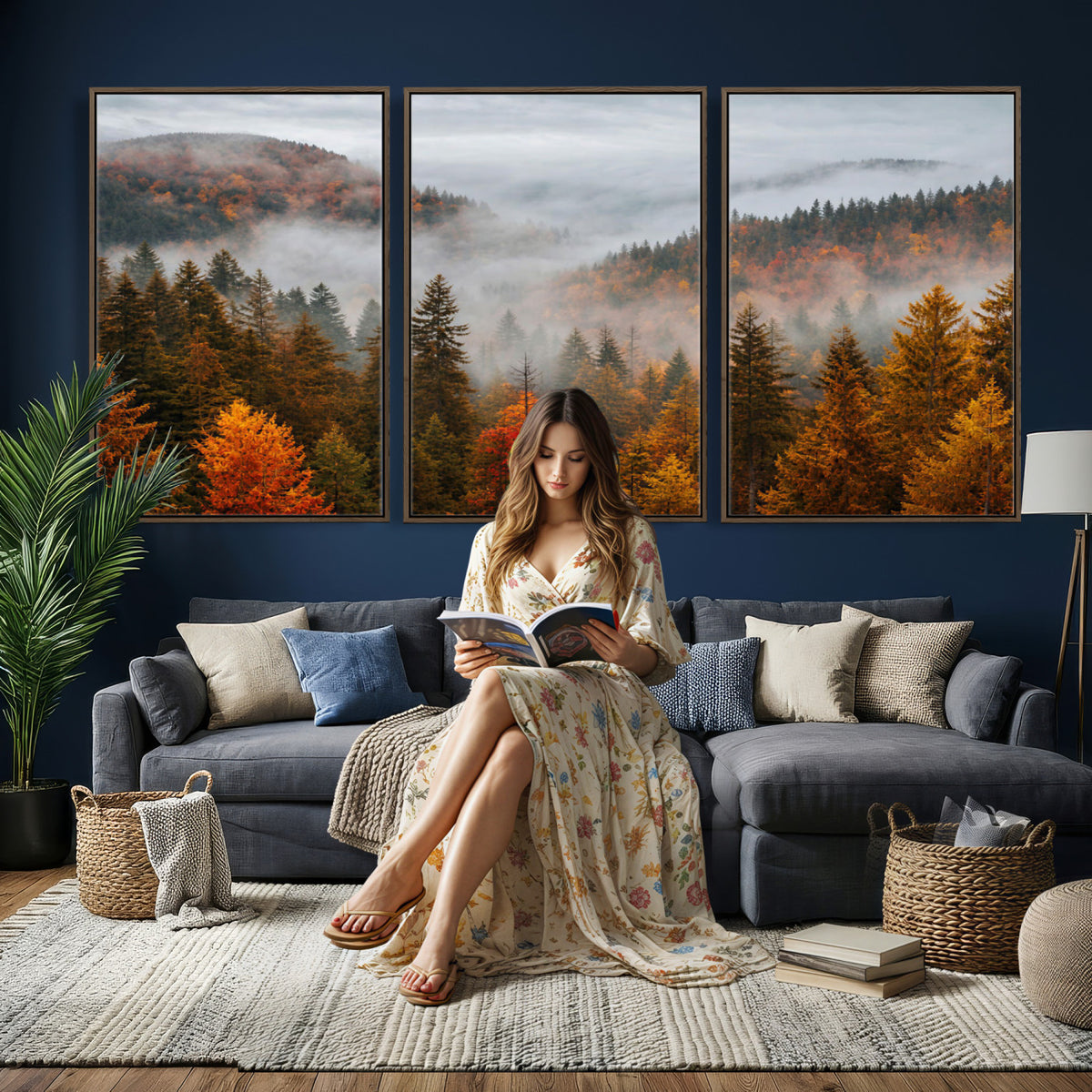 87481341-_Poster-30x20 - Foggy Autumn Mountain Canvas Print Smoky Pine Forest Wall Art Panoramic Nature Poster 3 Piece Made in USA