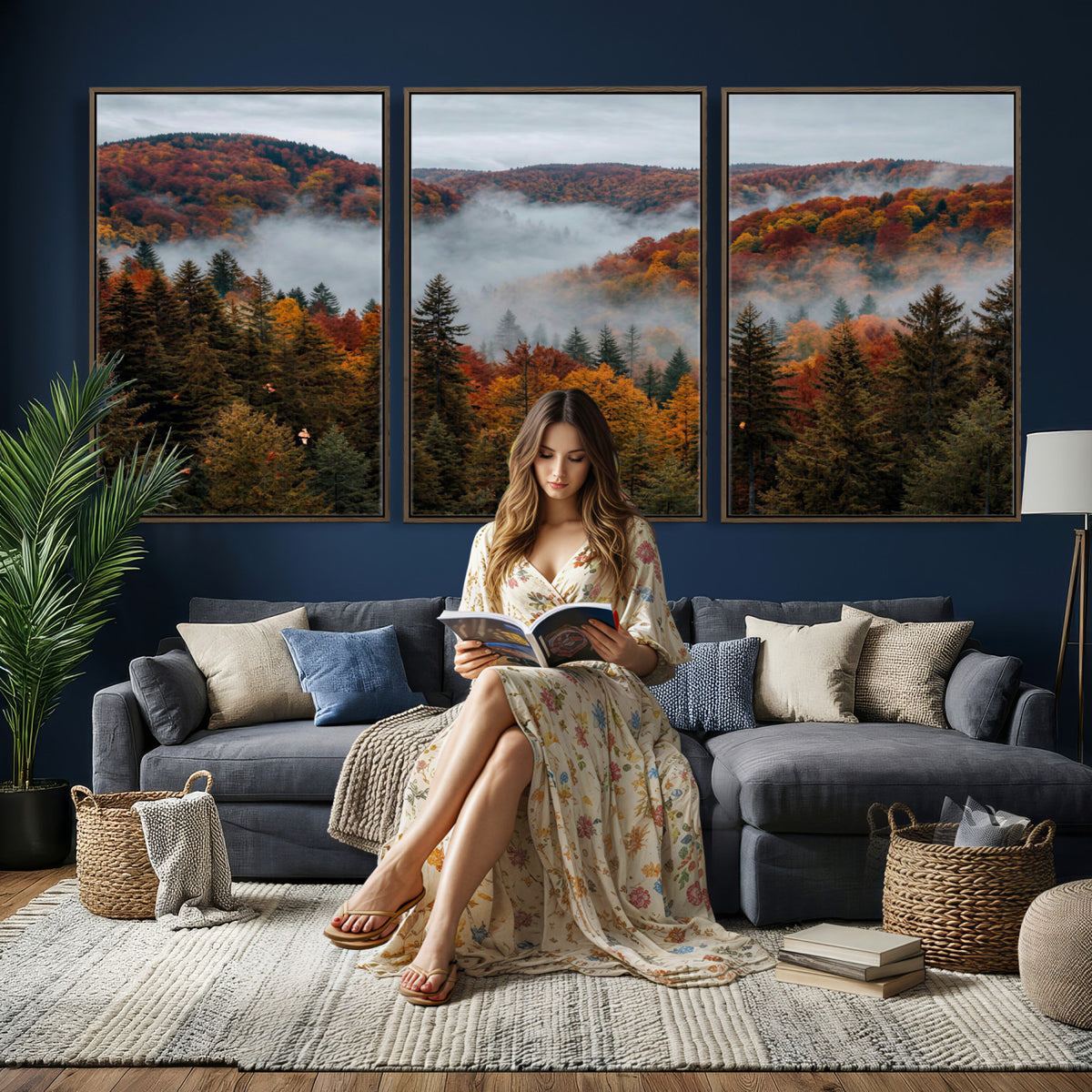 26686263-_Poster-30x20 - Misty Autumn Forest Mountain Canvas Print 3 Panel Wall Art Gallery Wrapped Floating Frame Poster Made in USA