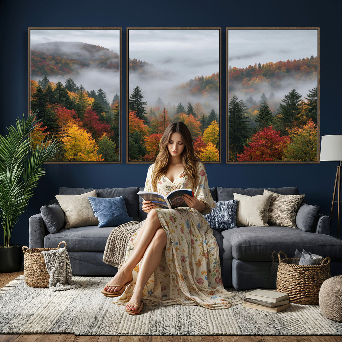 47877083-_Poster-30x20 - Fall Forest Misty Mountain Canvas Print Smoky Mountain Landscape Wall Art Autumn Trees Nature Poster Printing