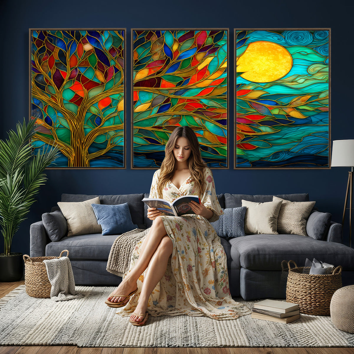 11877152-MGV-CV-36X24 - Stained Glass Tree Of Life Wall Art - Vibrant Mosaic Nature Home Decor
