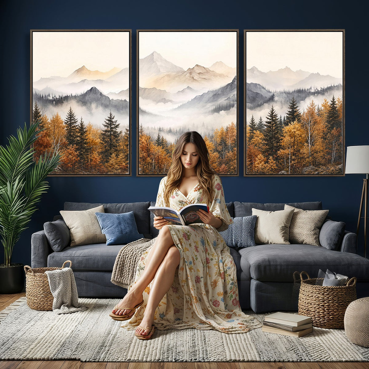 19544118-_Poster-30x20 - Misty Mountain Autumn Forest Canvas Wall Art - Watercolor Fall Nature Landscape Print