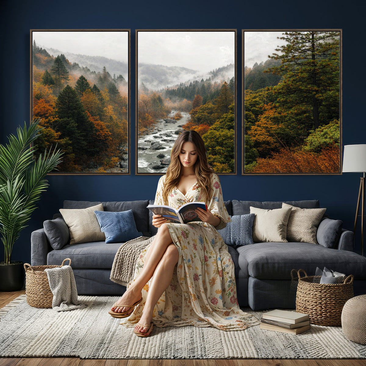 95540697-MGV-TP-30X20 - Misty River Mountain Valley Canvas Wall Art - Autumn Forest Landscape Nature Print