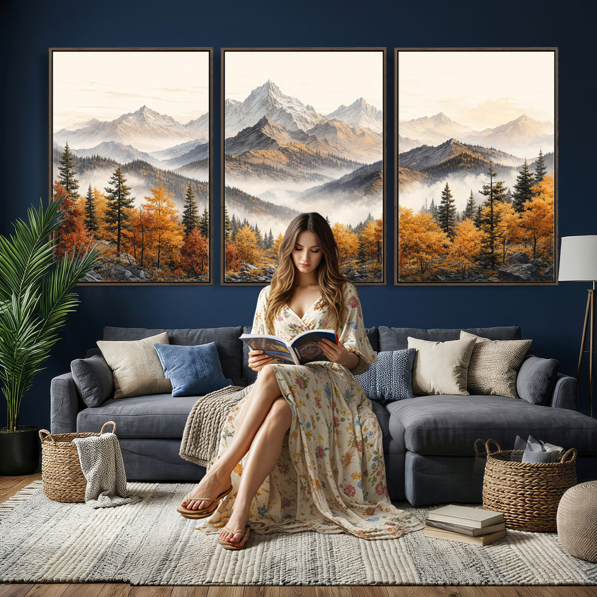 21309099-MGV-TP-30X20 - Extra Large Misty Mountain Autumn Forest Canvas Wall Art - Watercolor Fall Nature Landscape Print