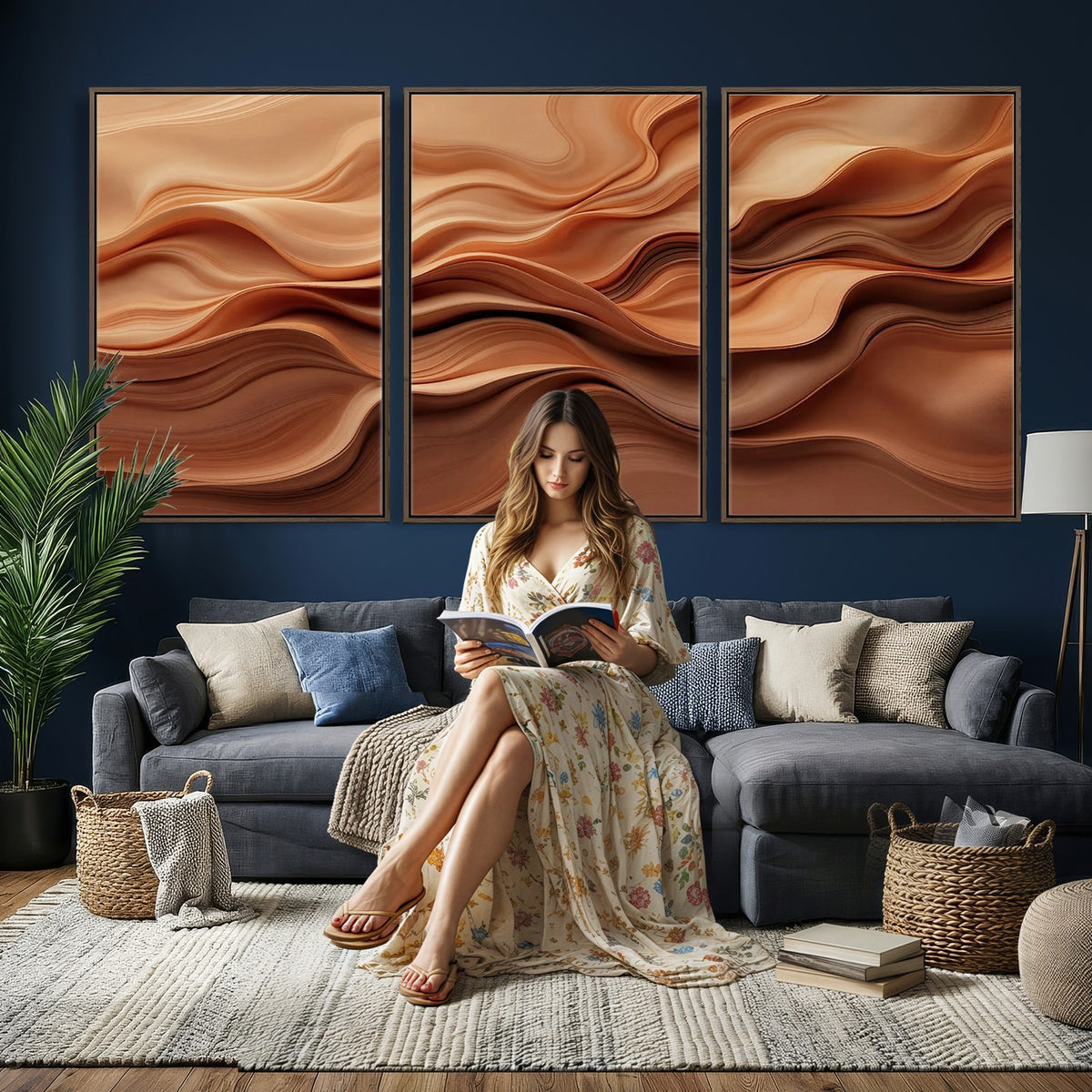 82230697-_Poster-30x20 - Modern Abstract Fluid Waves Canvas Wall Art - Minimalist Warm Terracotta Beige Sand Print