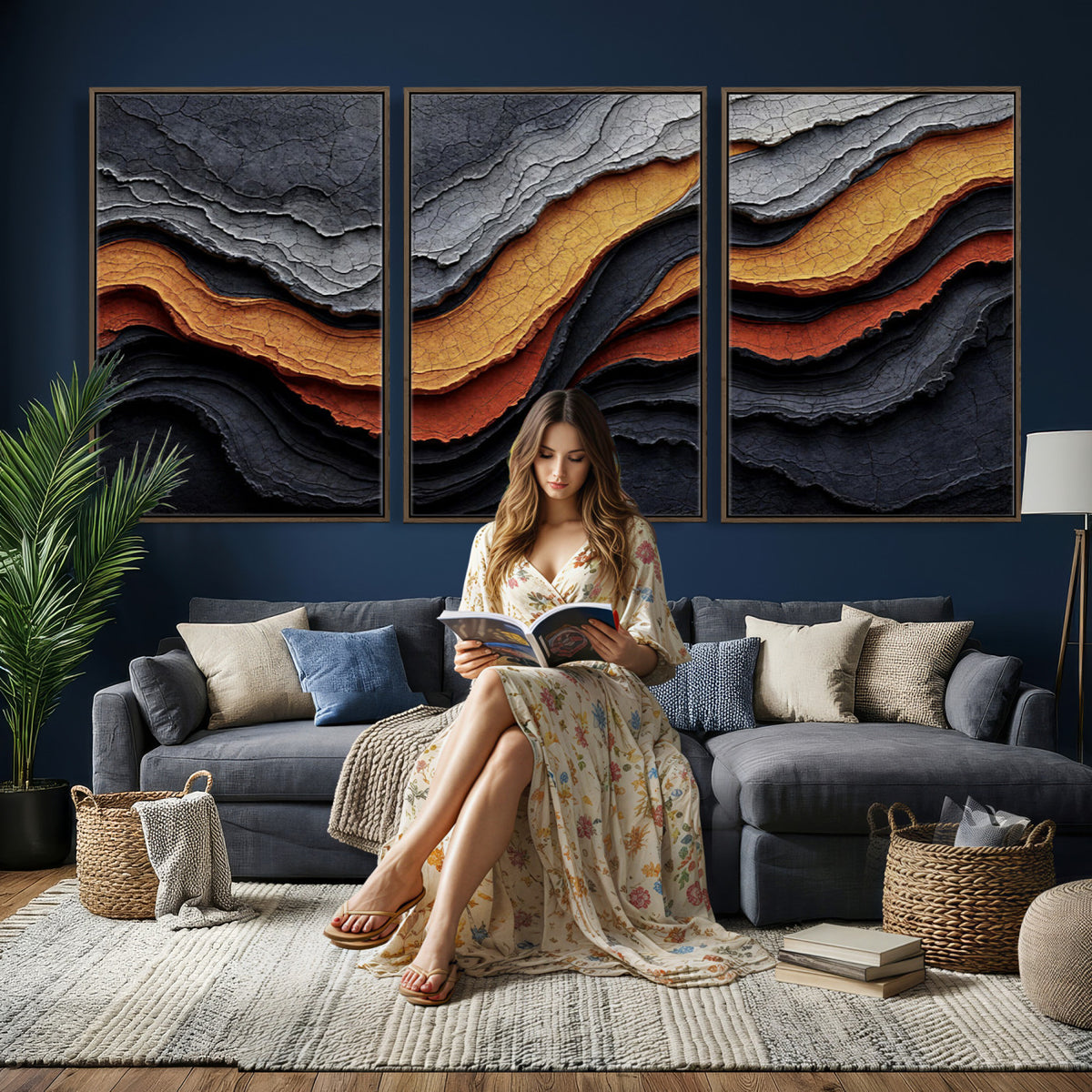 59852489-MGV-CV-36X24 - Abstract Waves Canvas Wall Art - Modern Terracotta and Charcoal Gray Print