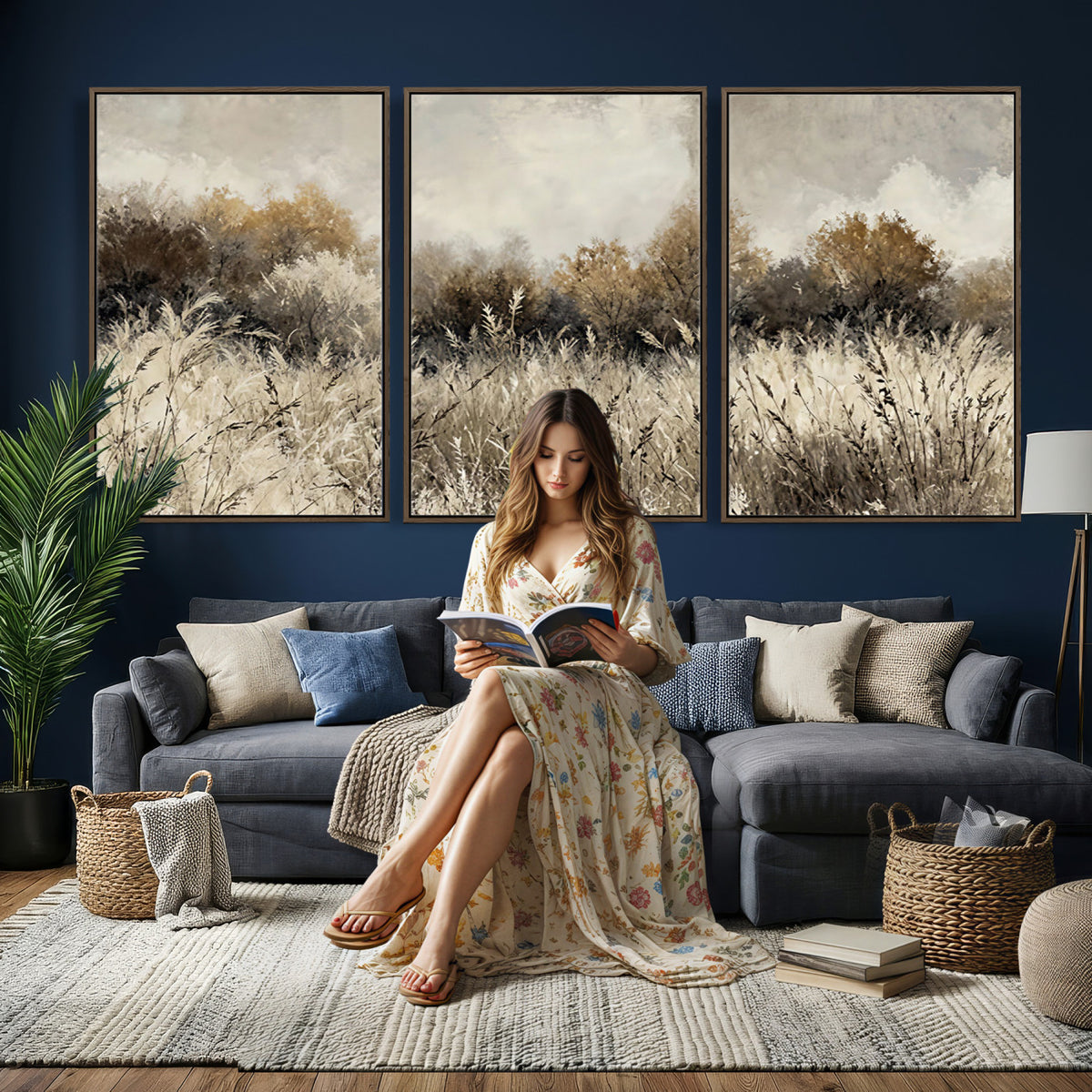 53959945-MGV-TP-30X20 - Muted Neutral Forest Landscape Canvas Wall Art - Vintage Rustic Wildflower Meadow Print