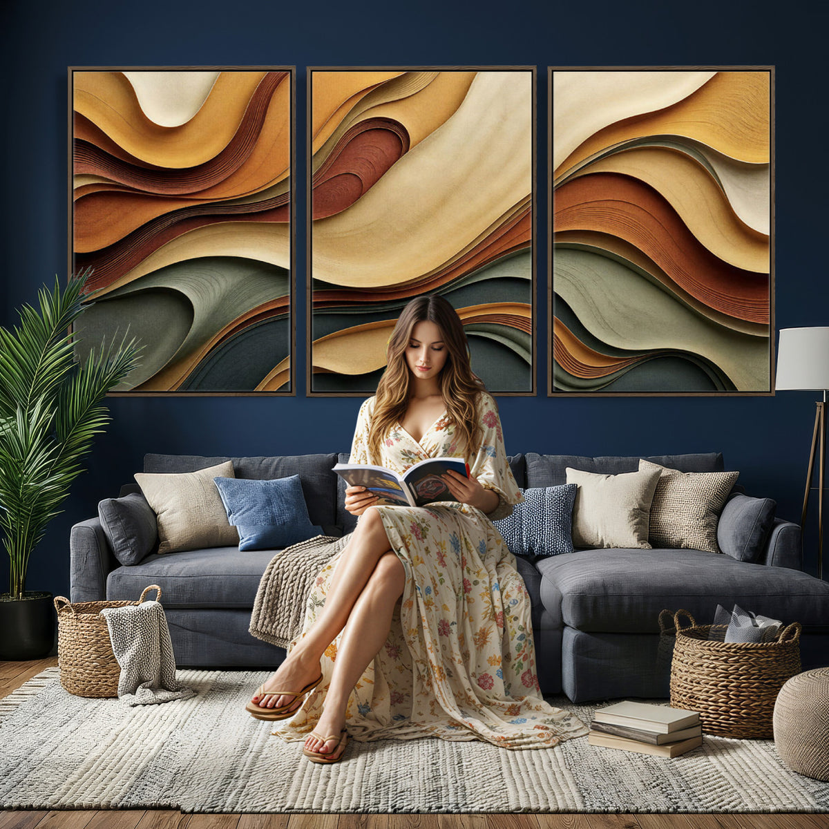 19337902-MGV-CV-36X24 - Modern Abstract Waves Canvas Wall Art - Minimalist Earthy Tone Living Room Decor