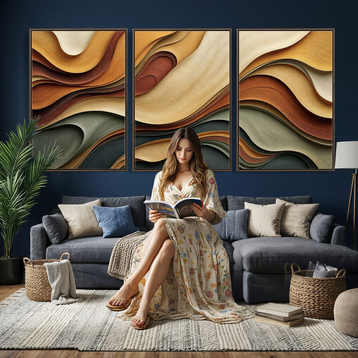19337902-_Poster-30x20 - Modern Abstract Waves Canvas Wall Art - Minimalist Earthy Tone Living Room Decor