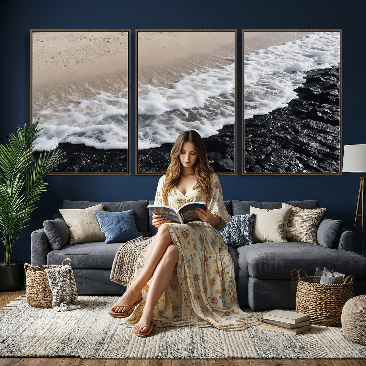 27448606-MGV-CV-24X16 - Ocean Wave Foam on Black Lava Rock Beach Canvas Wall Art Print