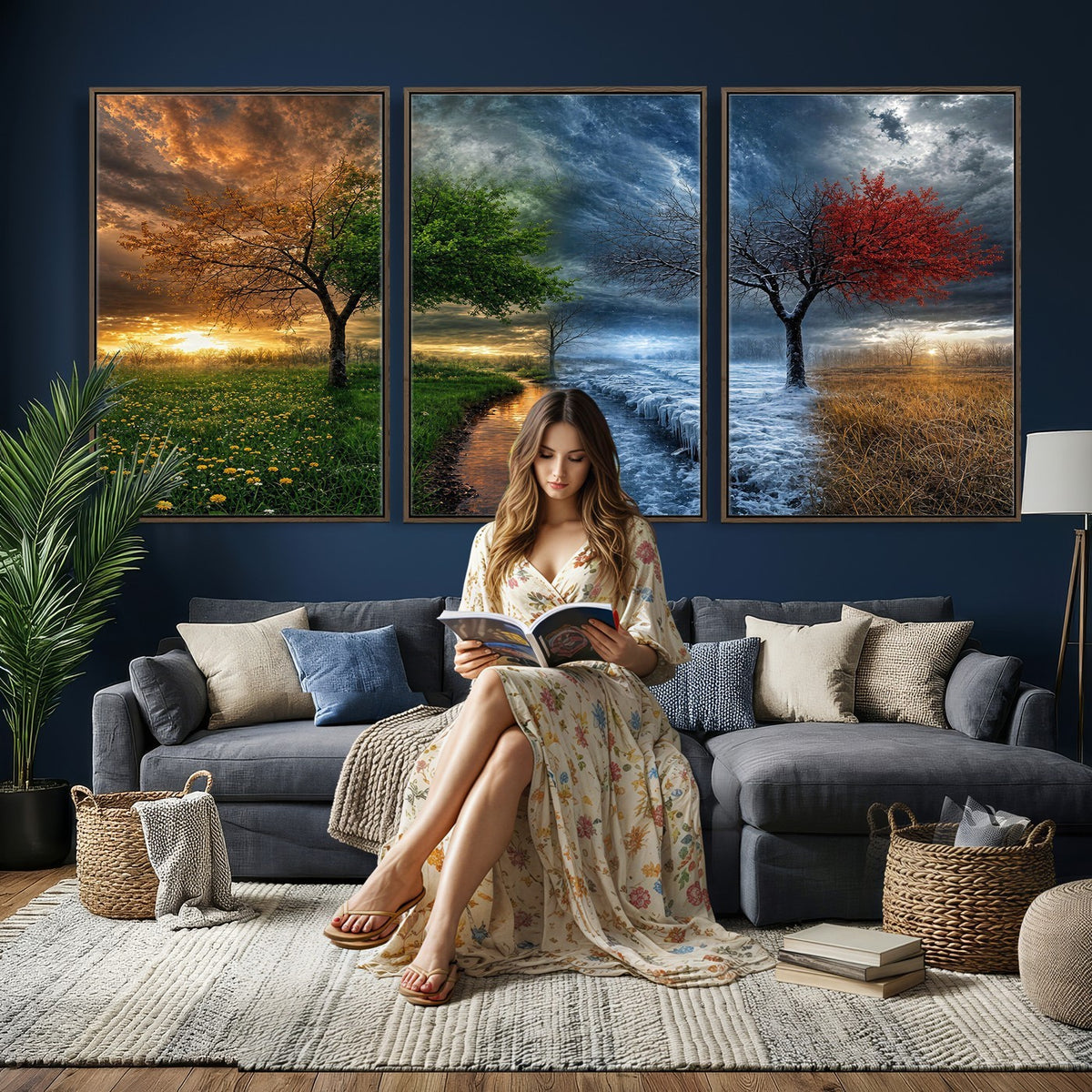 61895574-MGV-CV-24X16 - Four Seasons Tree Canvas Wall Art, Nature Landscape Canvas Print for Living Room