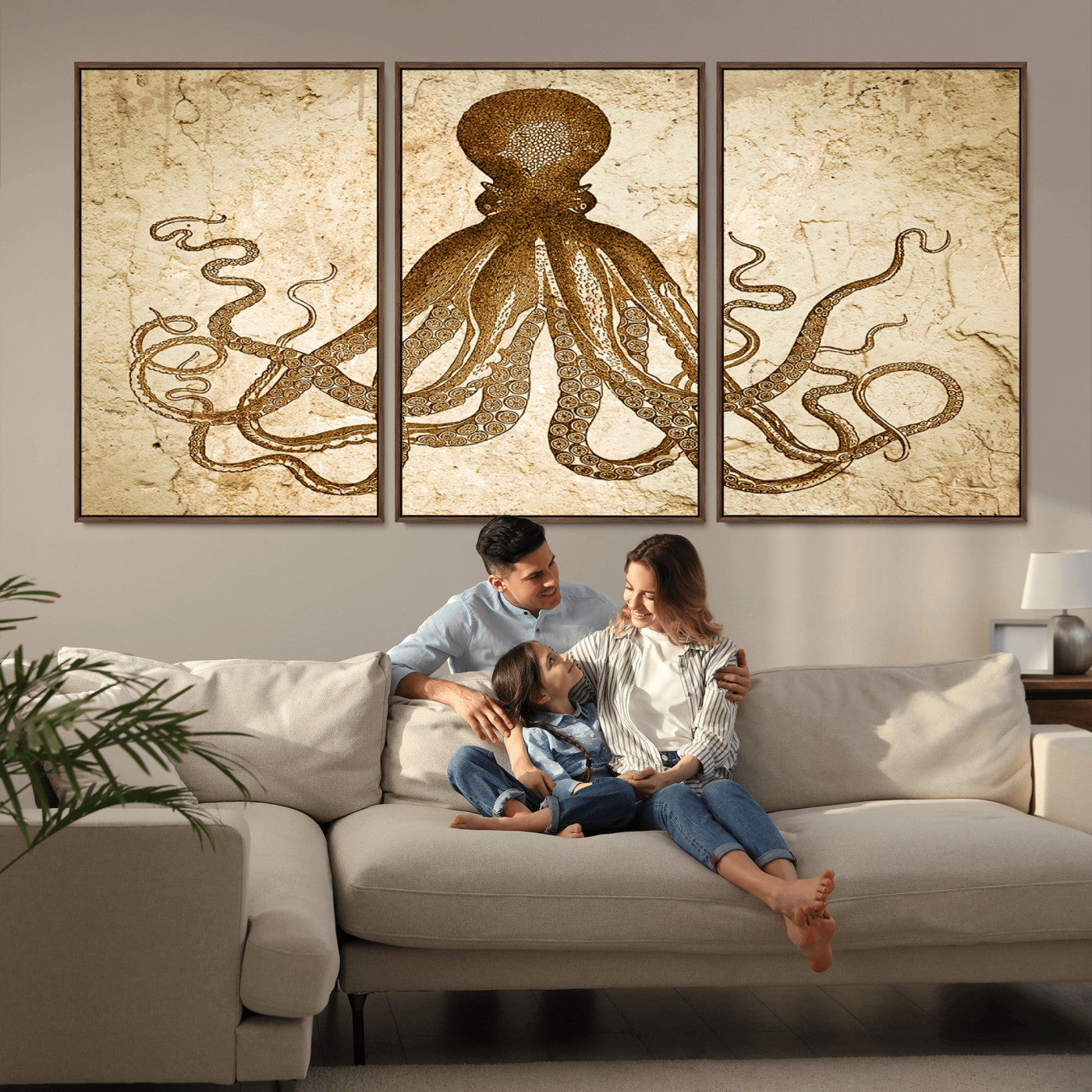 96154-MGV-FC-60X30-3P_Walnut-Sepia Octopus Wall Art Abstract Animal Canvas Print