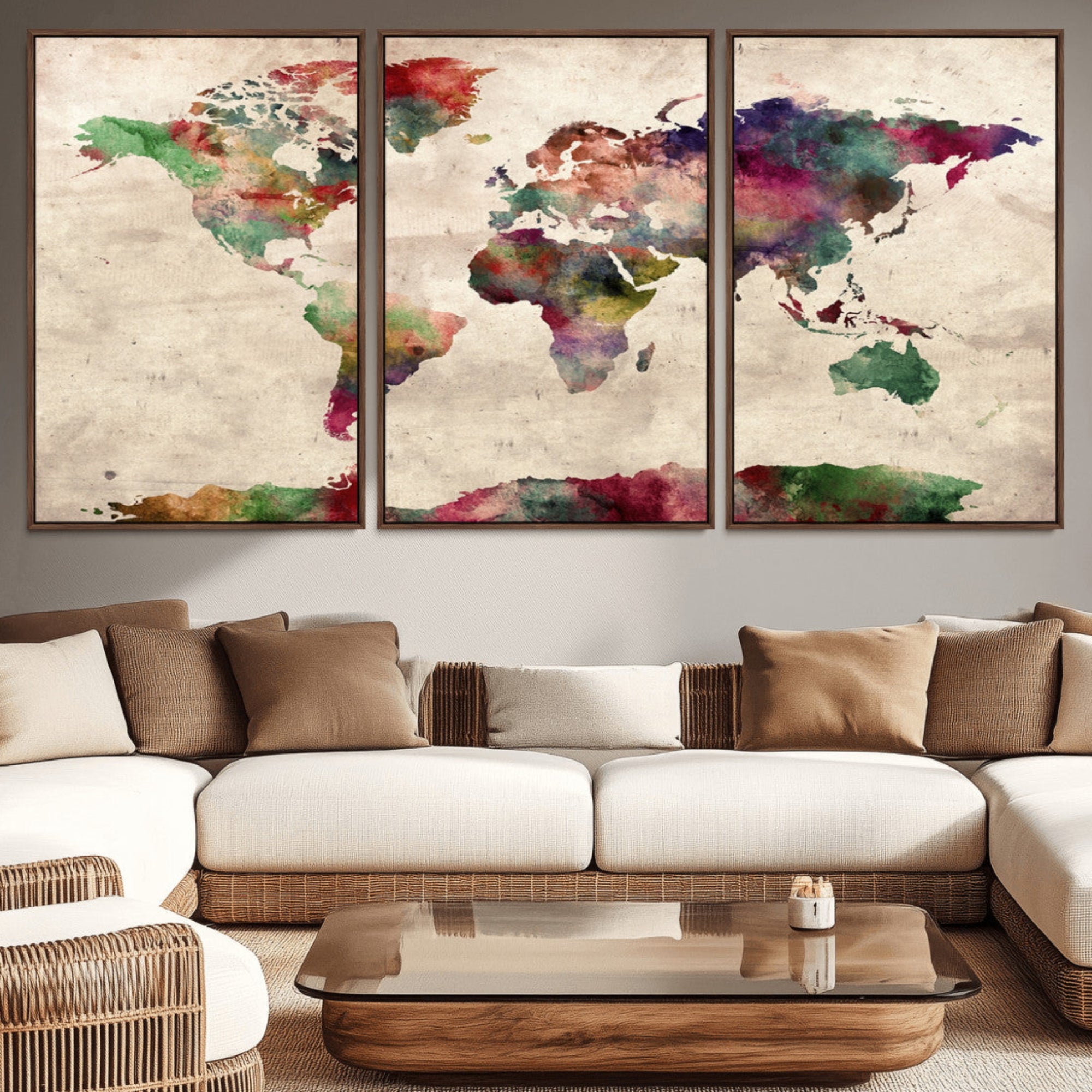 69476-MGV-CV-36X24-Watercolor World Map Canvas Print – Framed Push Pin Wall Art for Couples, Colorful Travel Map Artwork for Elegant Home and Office Decor
