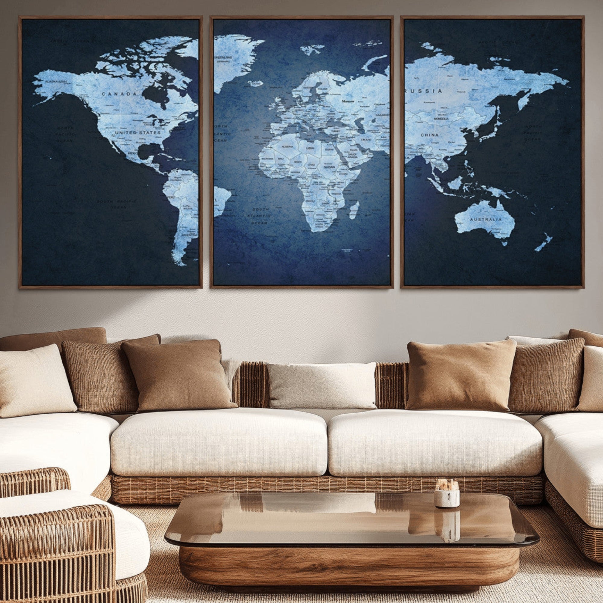 26249-MGV-CV-36X24-Blue World Map Canvas Wall Art – Framed Modern Push Pin Travel Map for Home and Office Decor, Elegant Navy Global Wall Artwork for Travelers