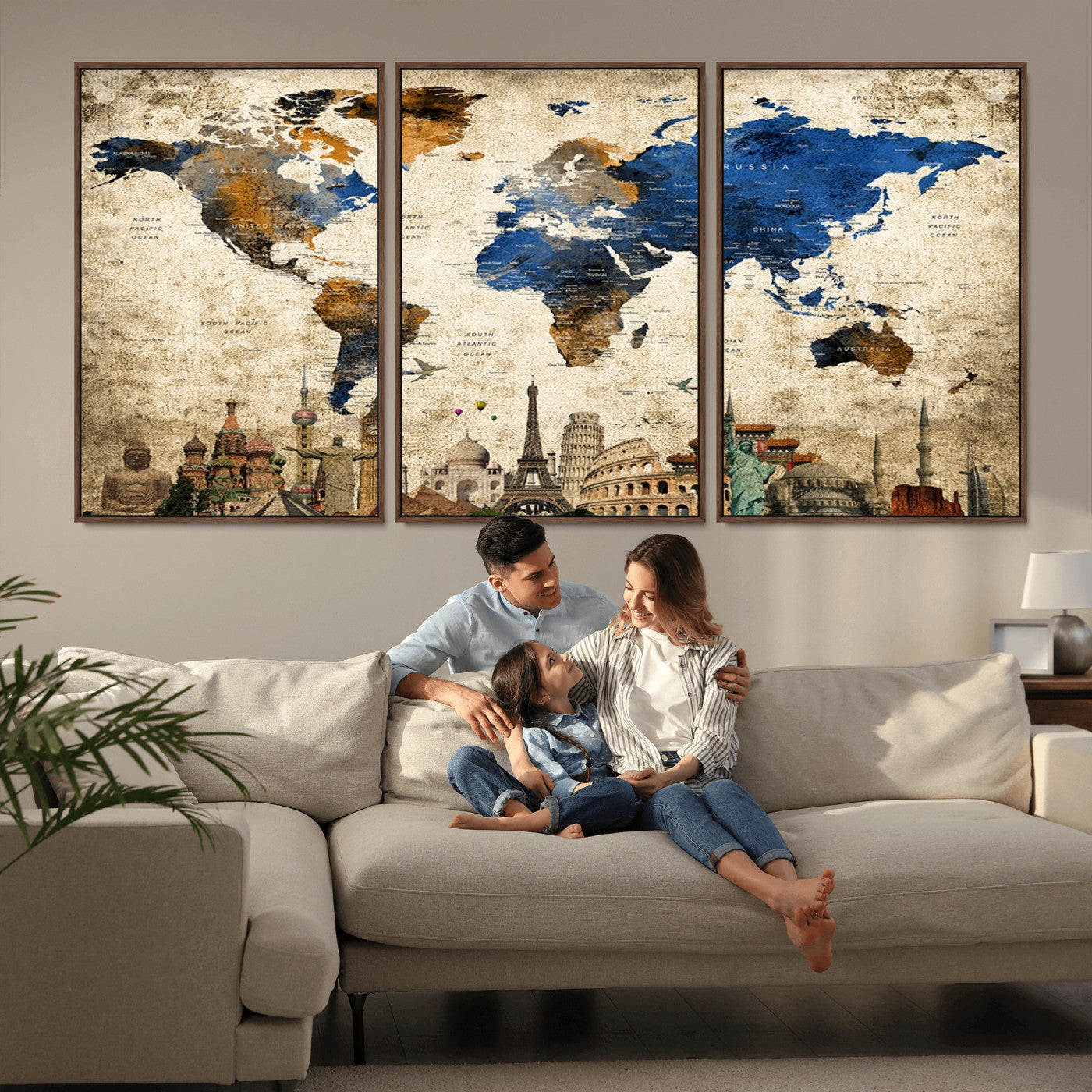 MGV-FC-60X30-3P - Push Pin World Map Canvas Print – Framed Wall Art for Couples to Track Their Travels – Anniversary