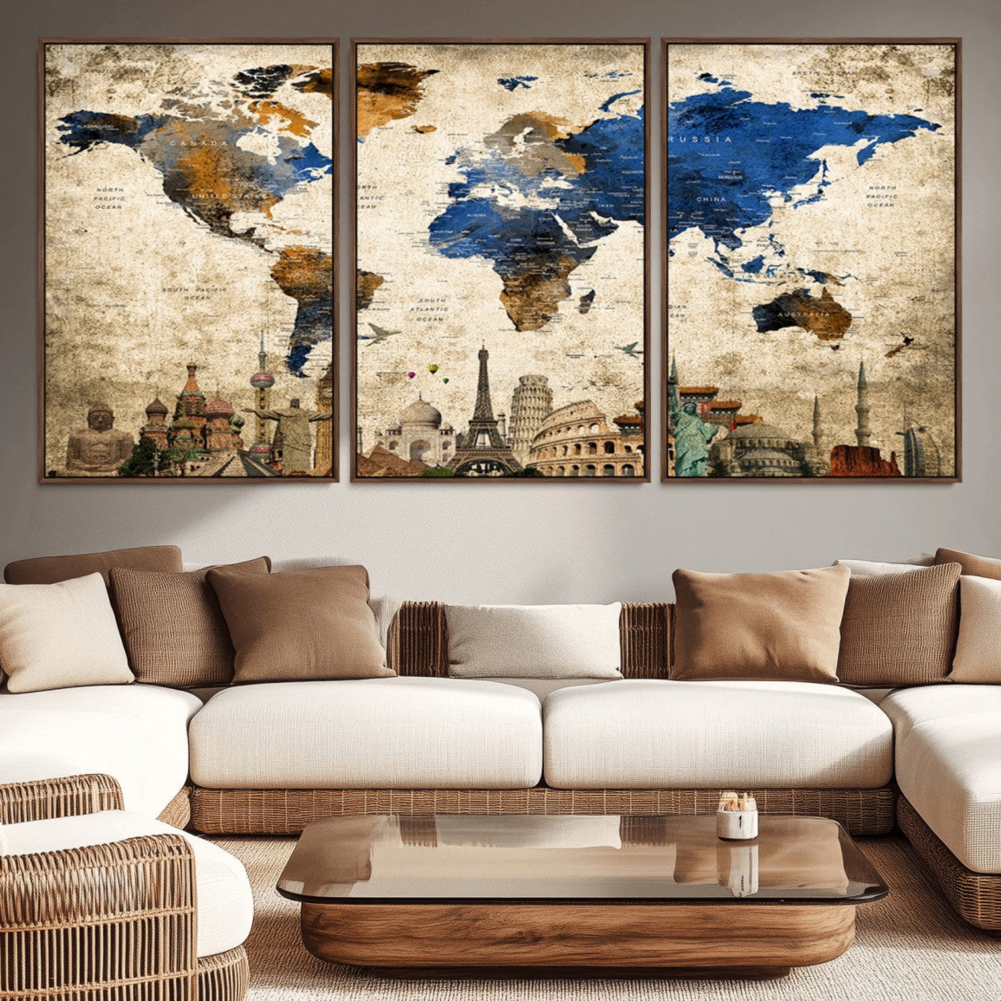 20261-MGV-CV-36X24-World Map Canvas Print – Vintage Blue and Gold World Map Wall Art, Framed Travel Inspired Decor for Living Room or Office