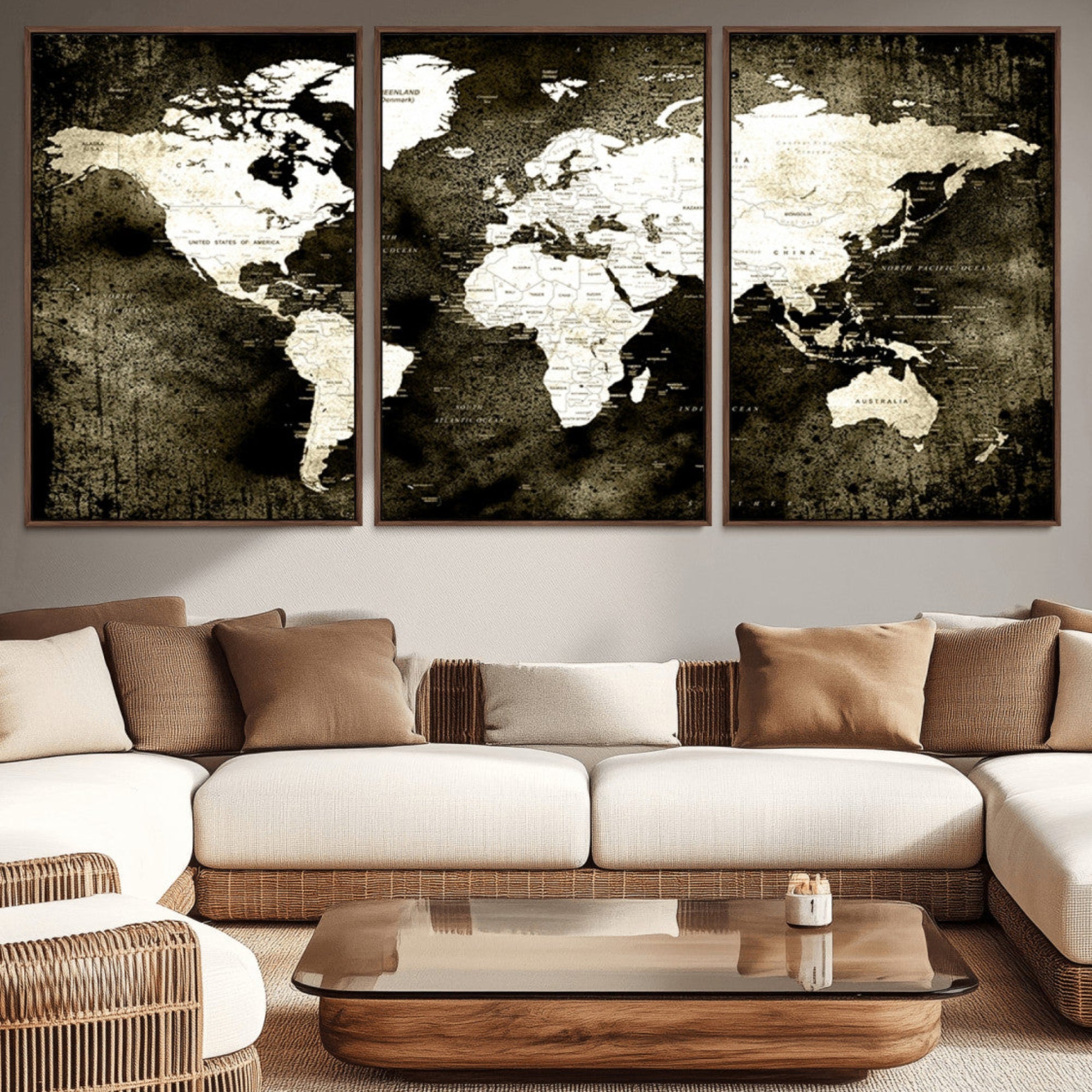 66737-MGV-CV-36X24-Vintage World Map Canvas Wall Art – Framed Push Pin Travel Map for Home and Office Decor, Rustic Wall Artwork for Travelers