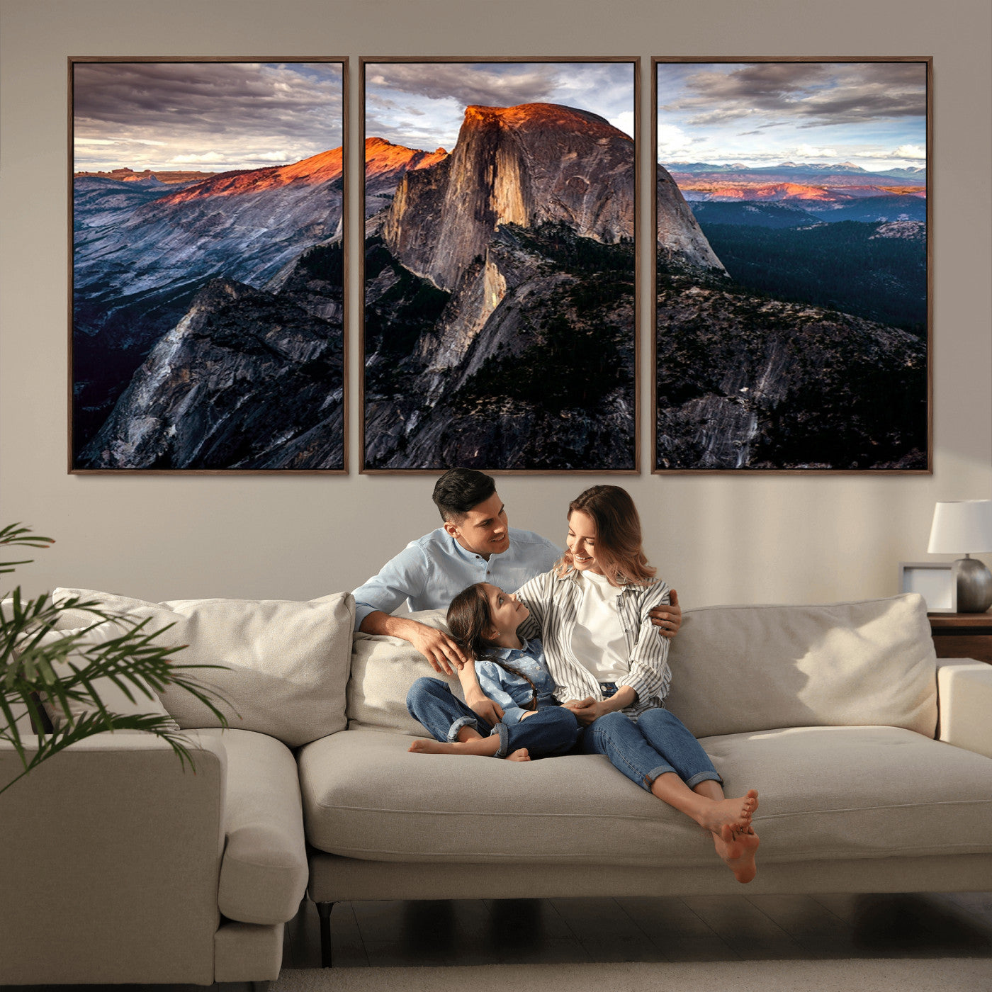 20714-MGV-FC-60X30-3P_Walnut-Half Dome Wall Art Print - Yosemite Majestic Triptych Landscape Print – National Park Nature Decor for Living Room or Office – Ready to Hang