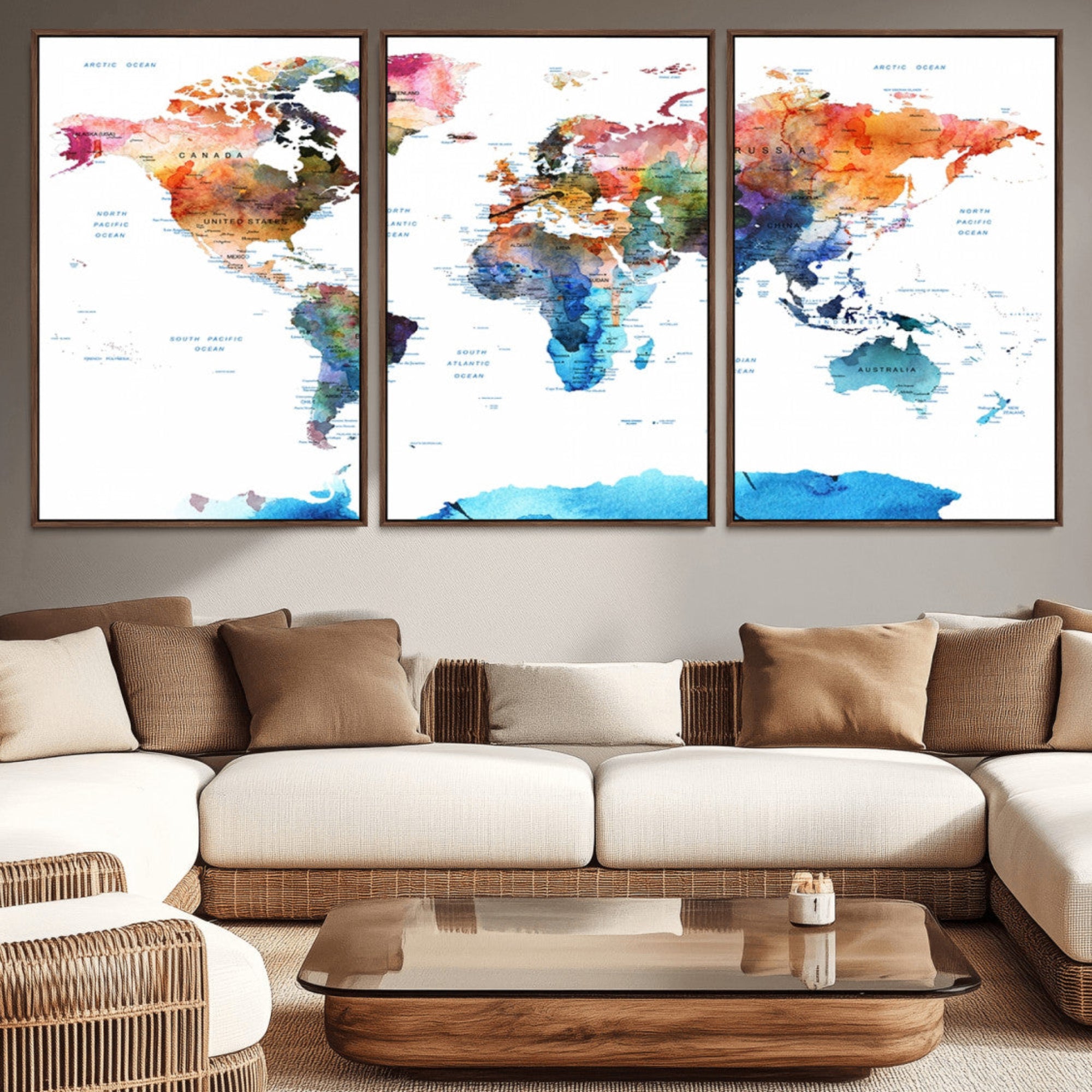 11576-MGV-CV-36X24-Vibrant Watercolor World Map Canvas Wall Art – Framed Push Pin Travel Map for Home and Office Decor, Modern Colorful Wall Artwork