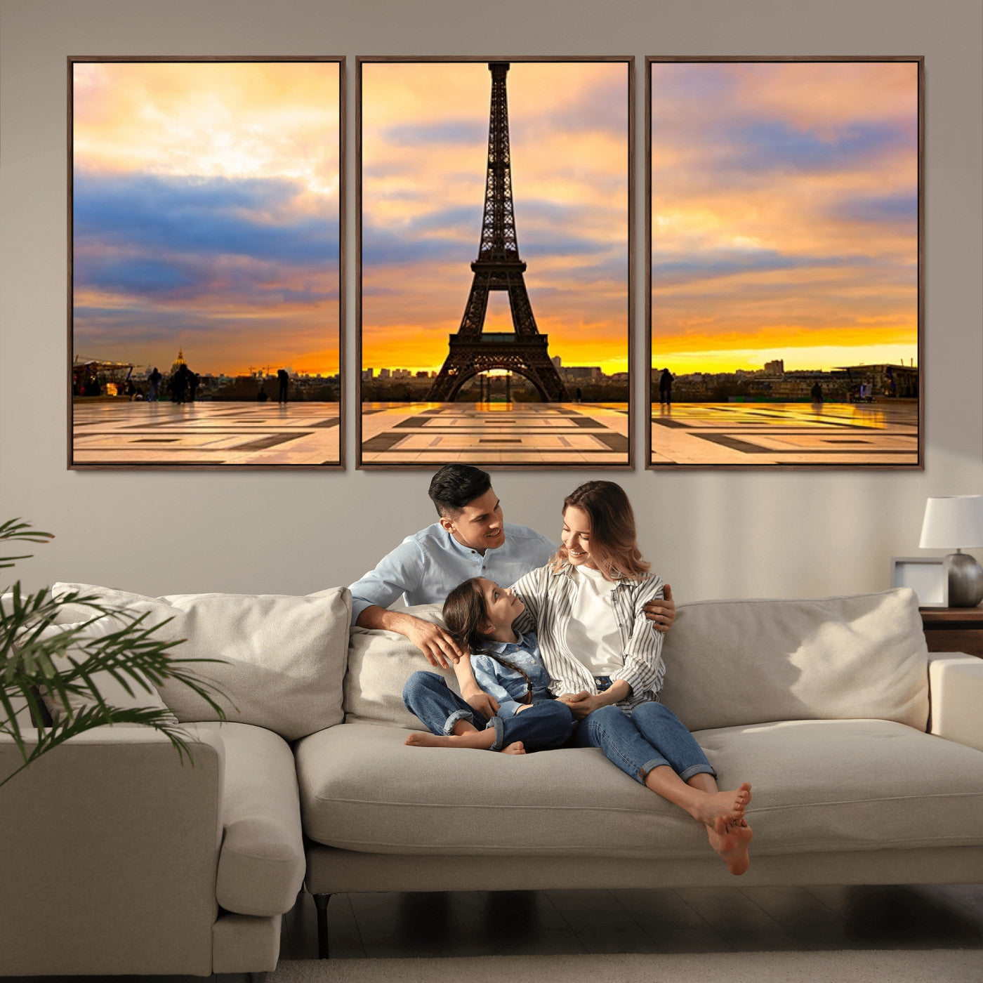 MGV-FC-60X30-3P - Paris Eiffel Tower Sunset Canvas Wall Art Print - Iconic Landmark Decor with Vibrant Colors