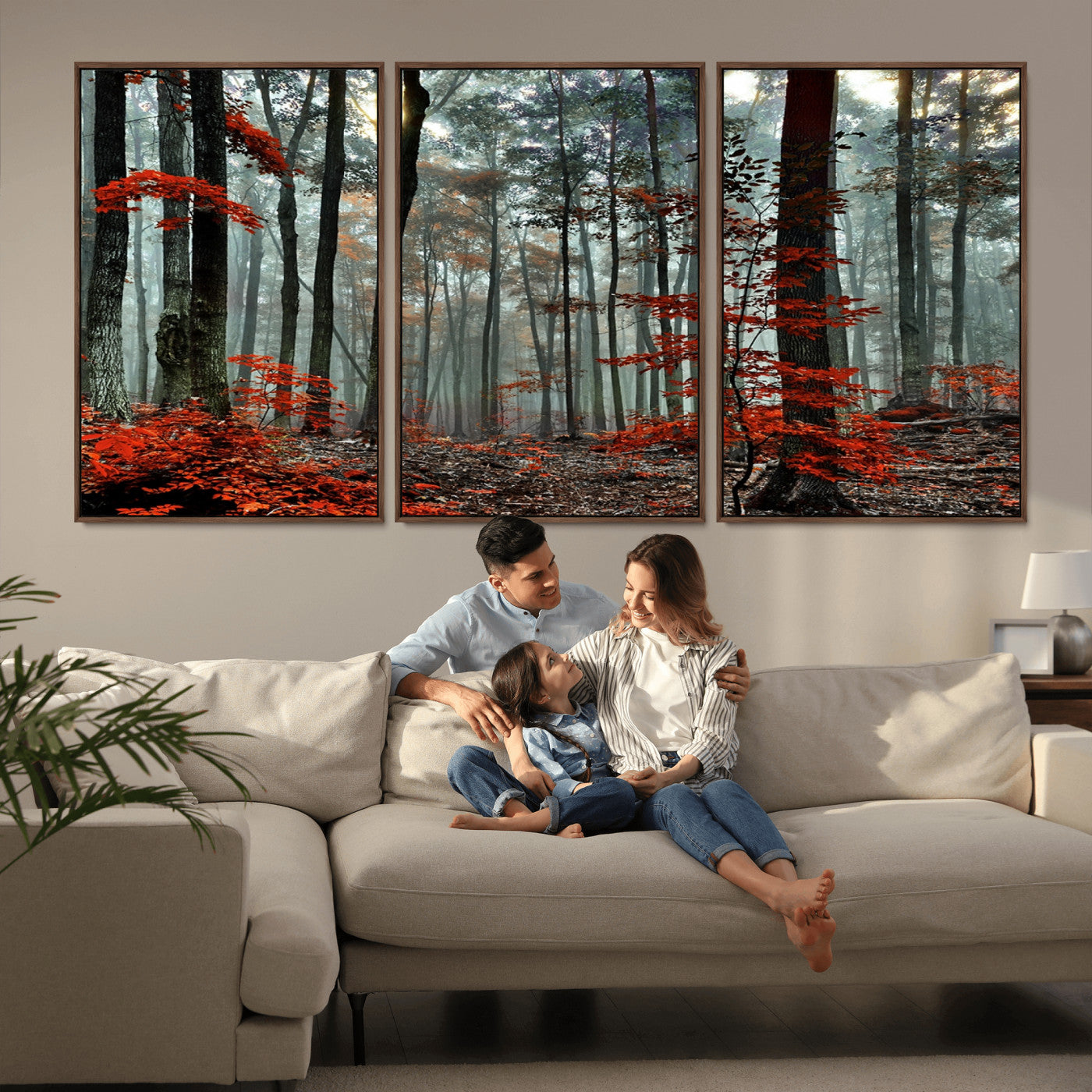 59209-MGV-FC-60X30-3P_Walnut-Autumn Forest Canvas Wall Art – Enchanting Red Leaves Triptych Print – Nature-Inspired Decor for Living Room or Office – Ready to Hang
