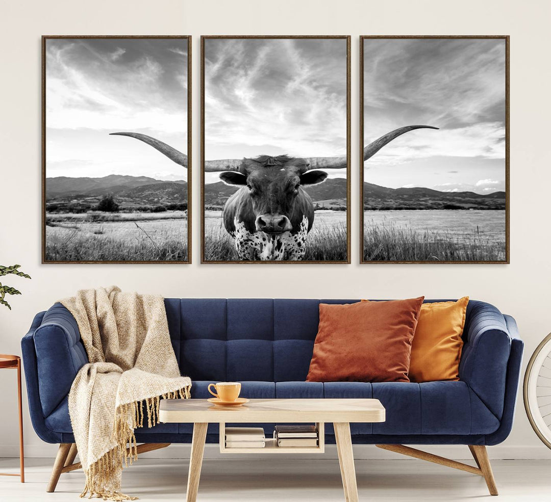 Longhorn Cow Wall Art Canvas Print Farmhouse Wall Art - Texas Longhorn Wall Art Print