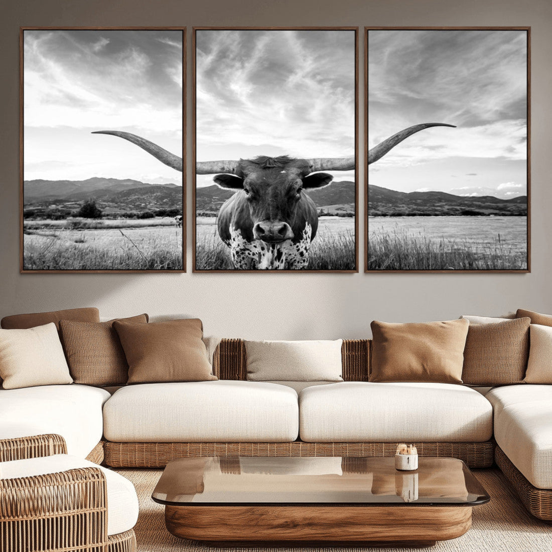 Longhorn Black and White Wall Art | Rustic Western Bull Canvas Print