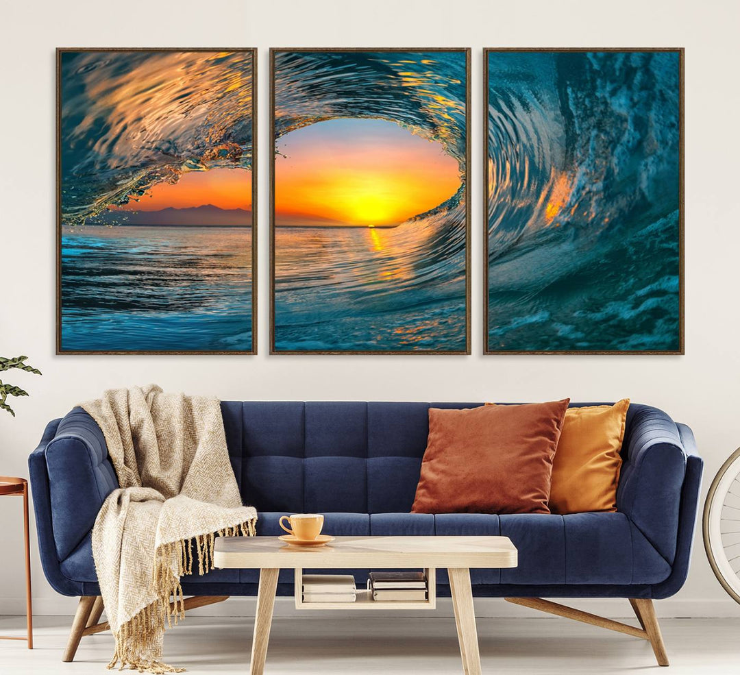 The Ocean Wave Sunset Wall Art canvas print features a vibrant ocean wave at sunset, forming a tunnel with silhouetted mountains.