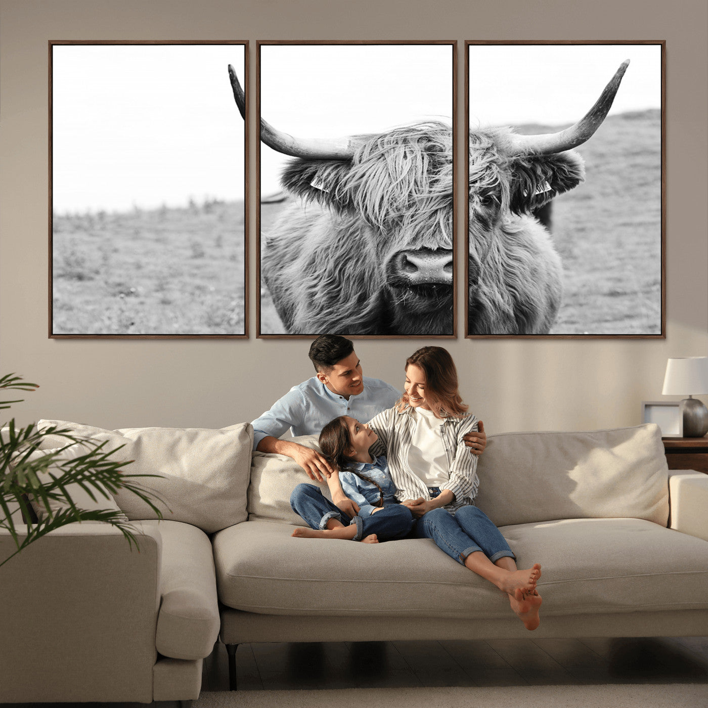 16248-MGV-FC-60X30-3P_Walnut-Newfoundland Cow Art Wall Art, Black White Cow Art Wall Art Canvas Print