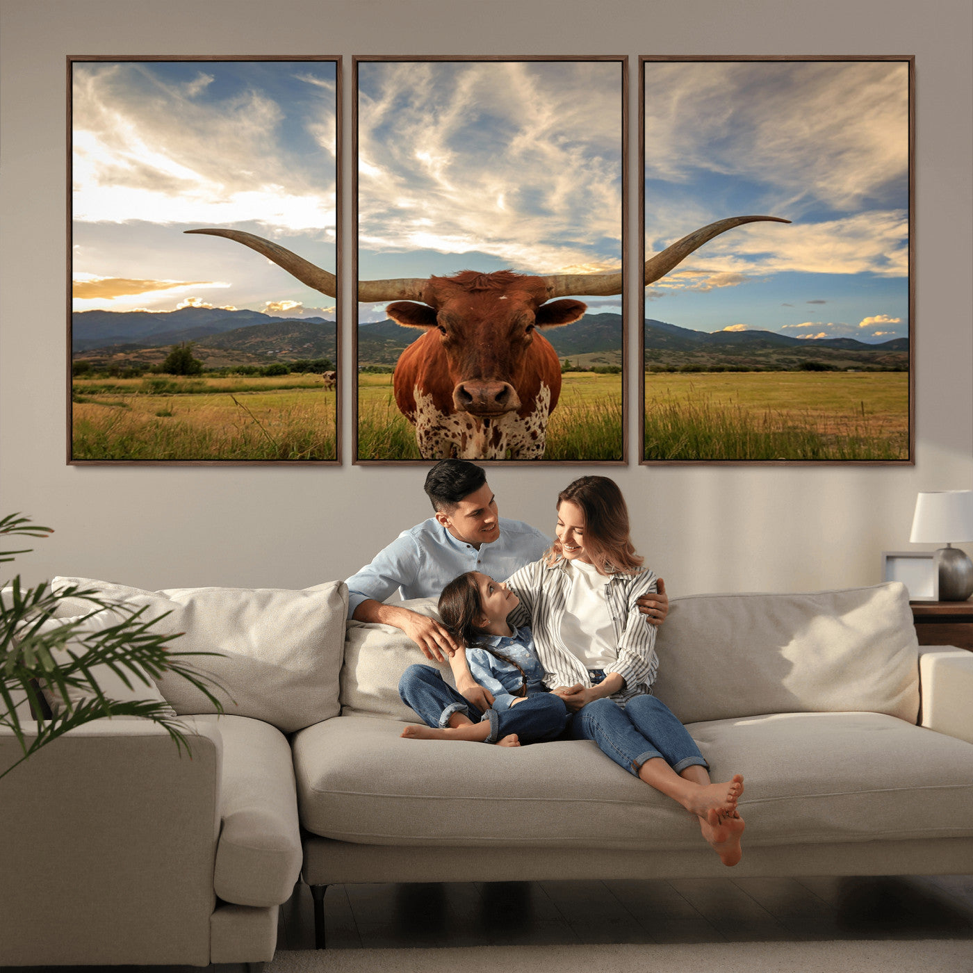 MGV-FC-60X30-3P - Texas Longhorn Canvas Wall Art – Majestic Triptych Animal Print – Rustic Western Decor for Living