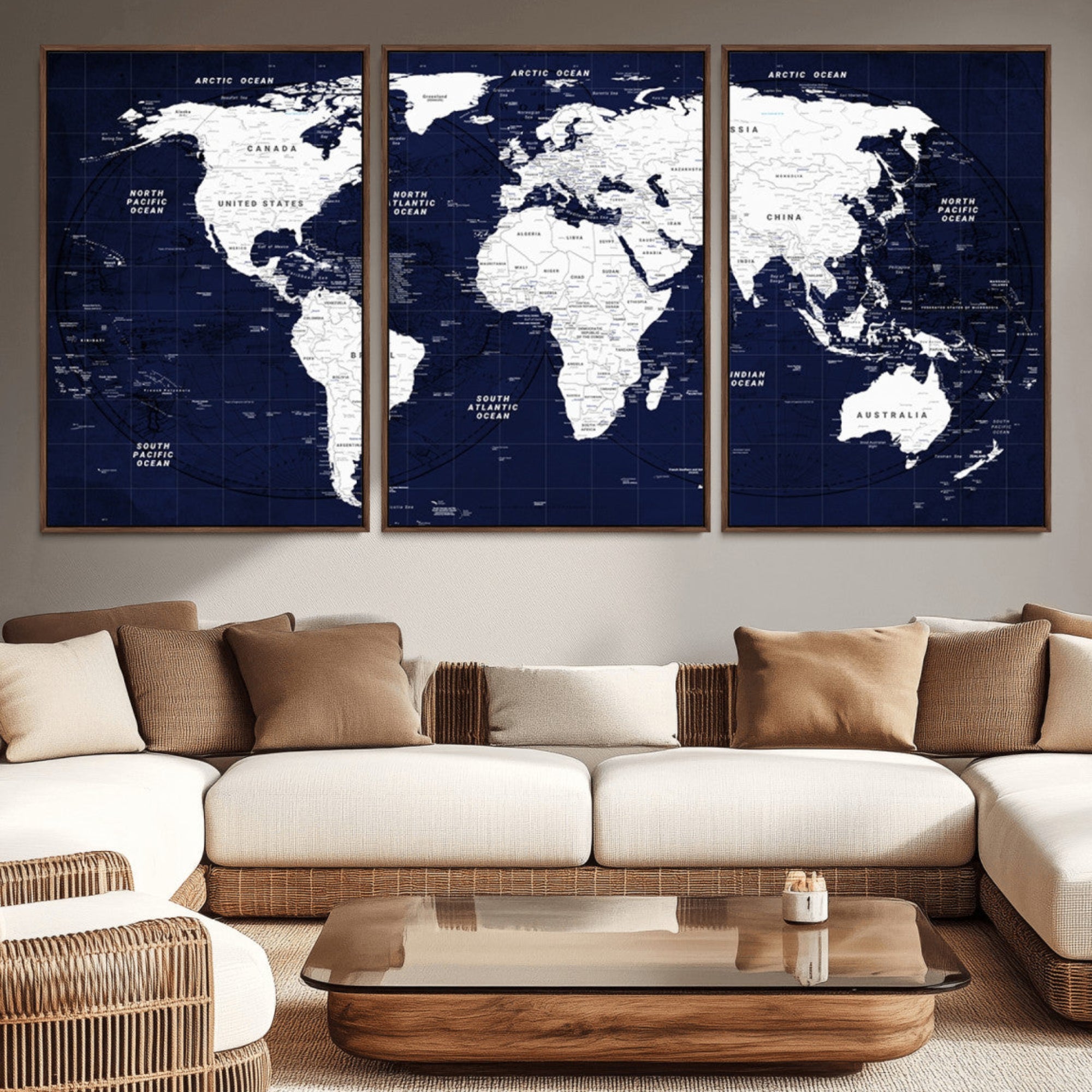 90649-MGV-CV-36X24-Navy Blue World Map Canvas Print – Modern Push Pin Travel Map Wall Art, Framed Contemporary Decor for Home or Office