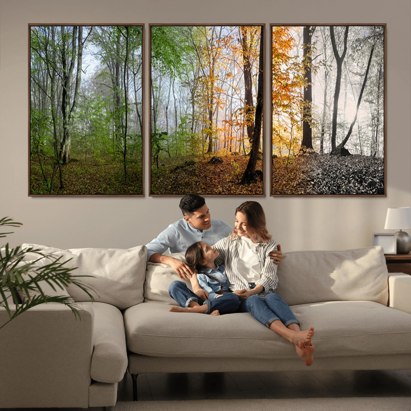 MGV-FC-60X30-3P - Four Seasons Wall Art Forest Canvas Print – Triptych Seasonal Nature Print – Landscape Decor for
