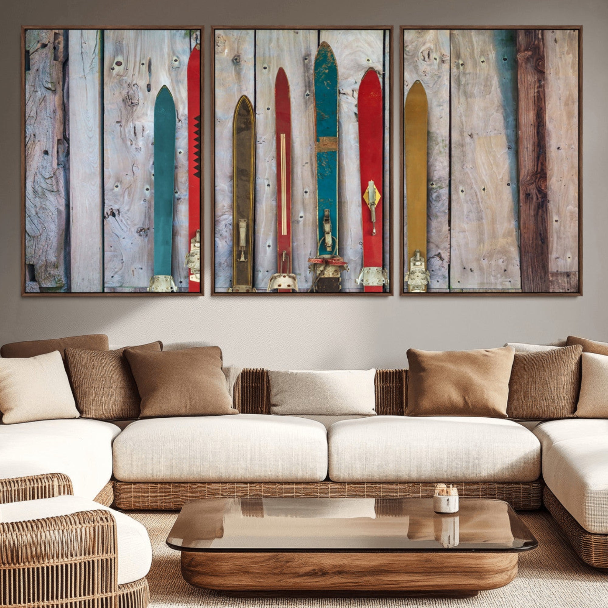 30640-MGV-CV-36X24-Vintage Wooden Weathered Ski's in Front of an Old Barn Wall Art Canvas Print for Farmhouse, Cabin